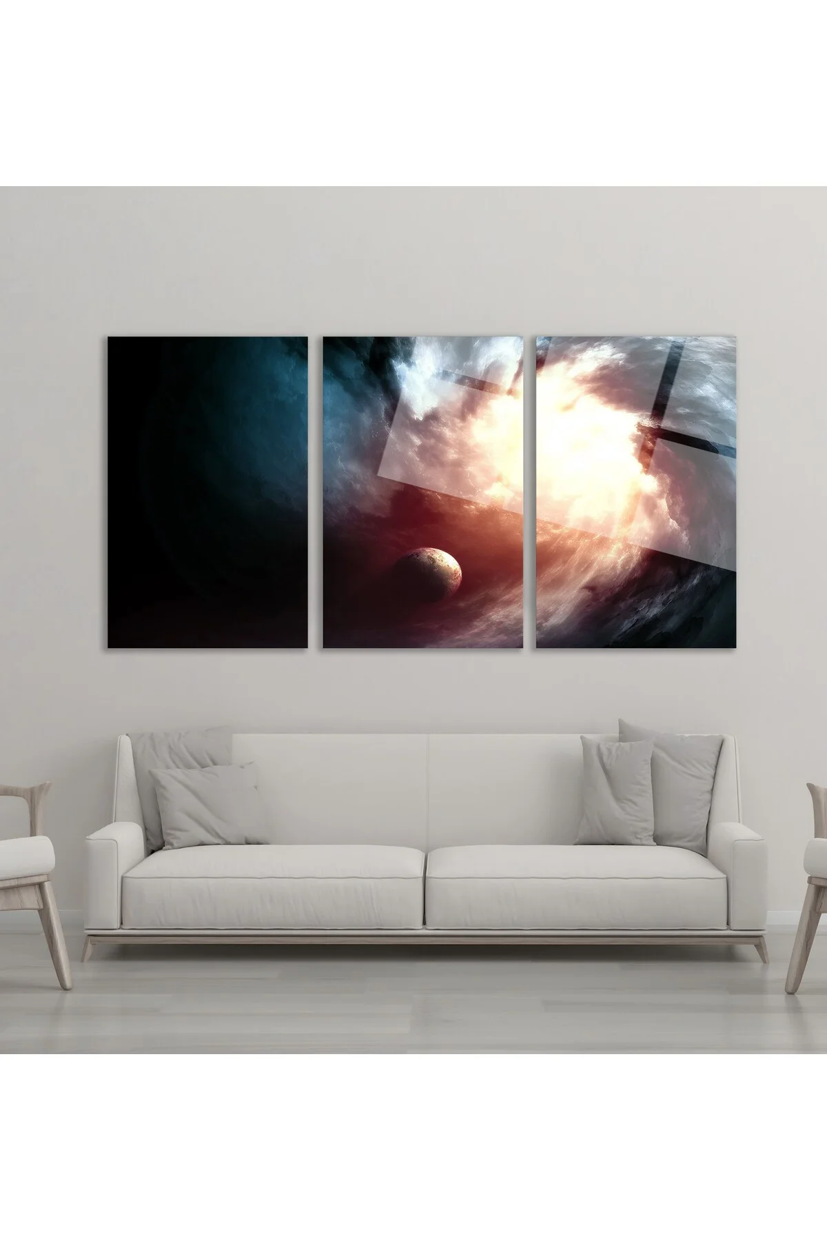 3'lü Set Cam Tablo Uzay Nebula Gezegen Fantastik Oturma Odası Dekorasyon