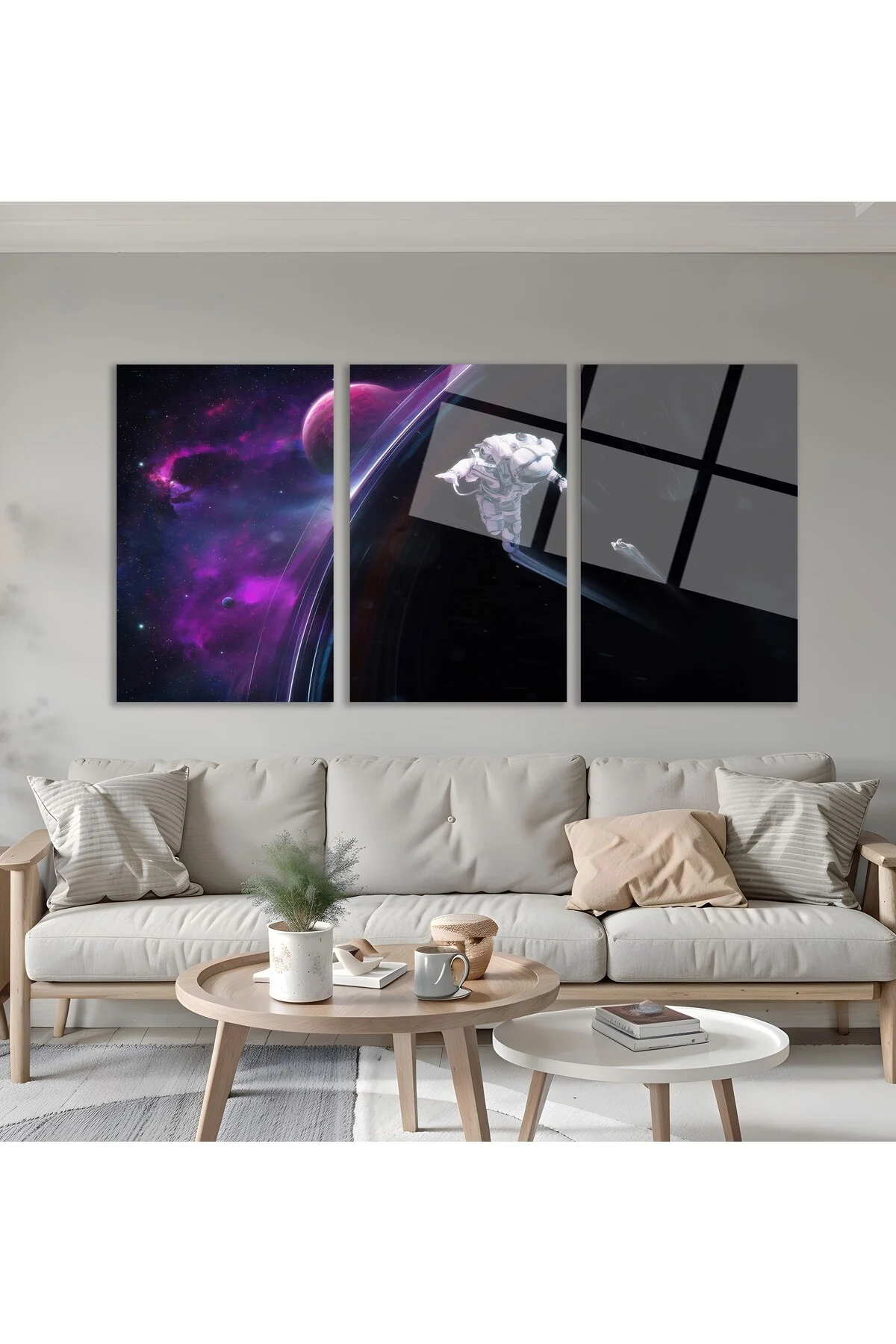 3'lü Set Cam Tablo Astronot Satürn Uzayda Süzülme Dekorasyon - BAYÇAĞRI Görsel 5