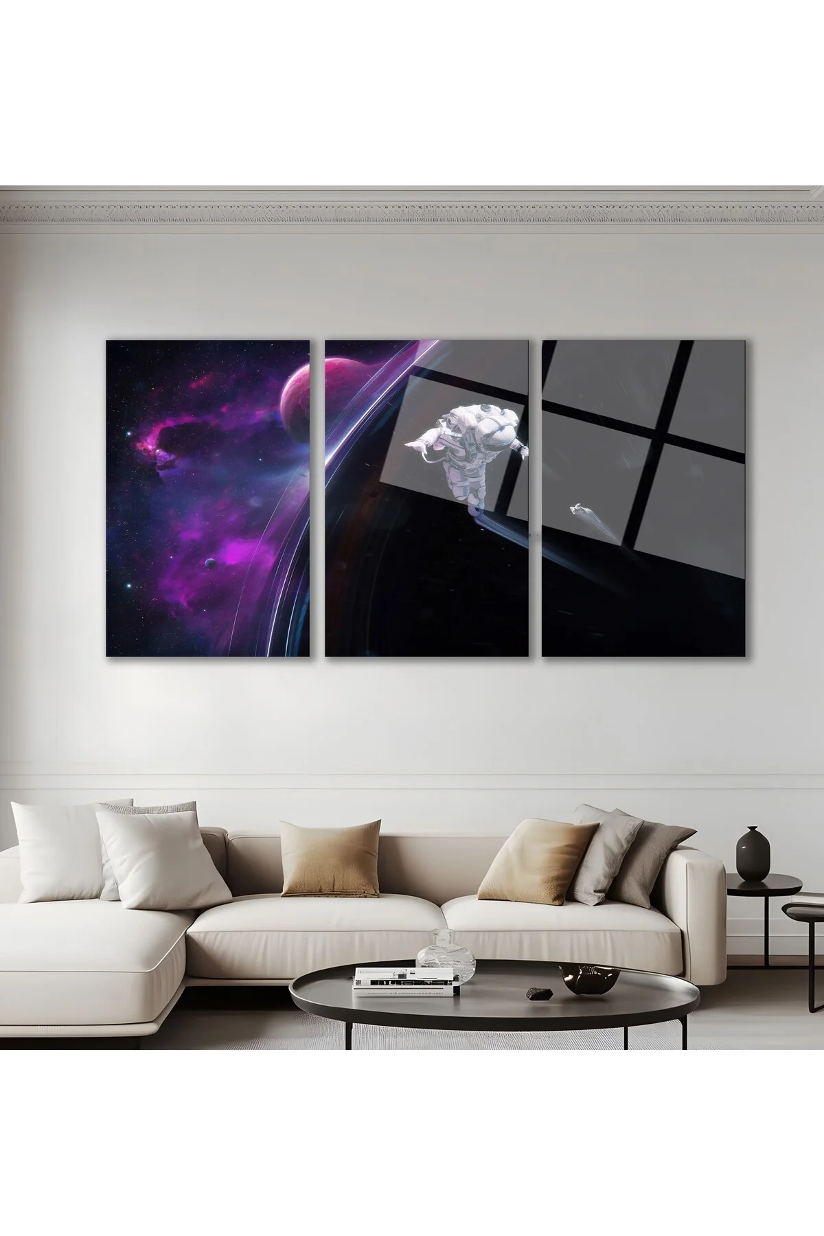 3'lü Set Cam Tablo Astronot Satürn Uzayda Süzülme Dekorasyon - BAYÇAĞRI Görsel 2