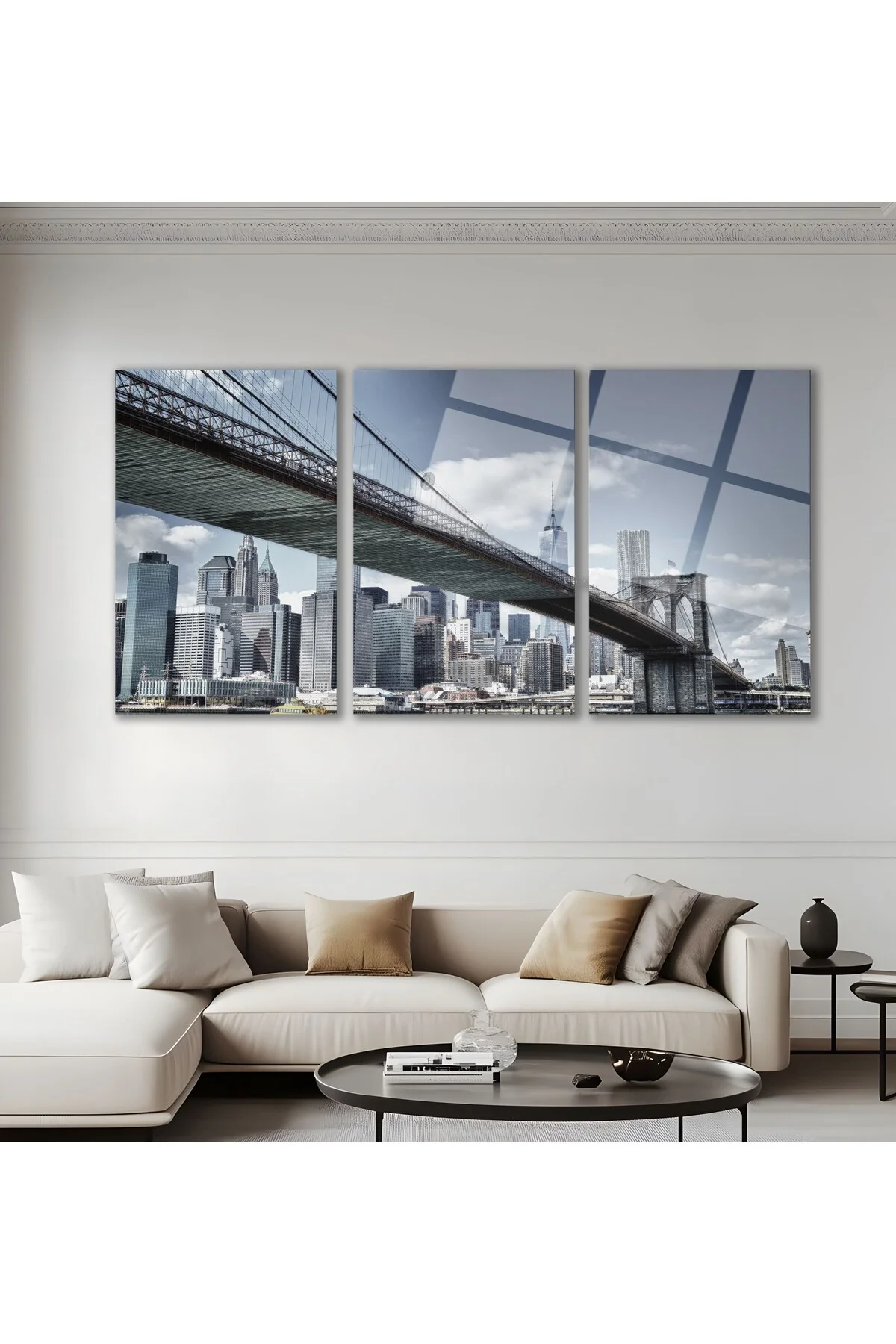 3'lü Set Cam Tablo Brooklyn Köprüsü New York Şehir Manzarası Dekorasyon - BAYÇAĞRI Görsel 2