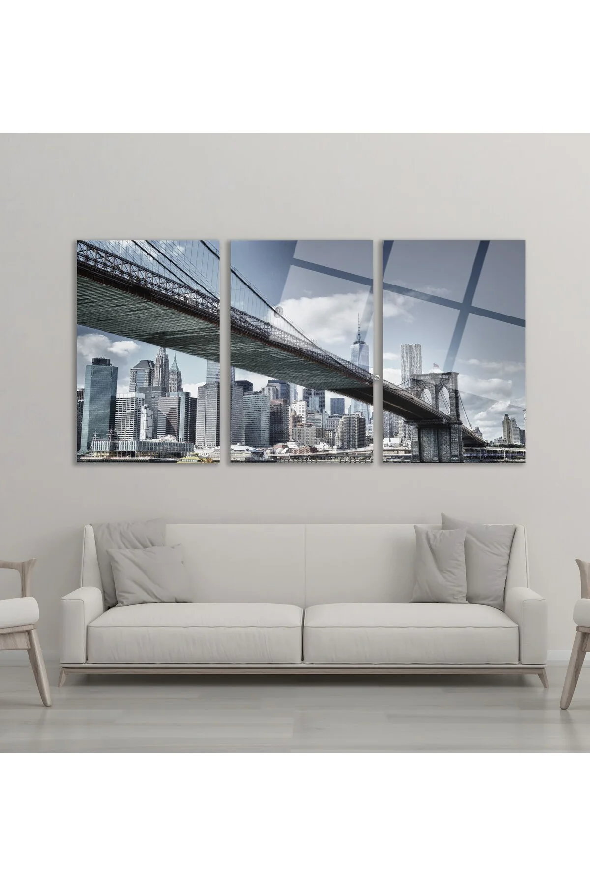 3'lü Set Cam Tablo Brooklyn Köprüsü New York Şehir Manzarası Dekorasyon