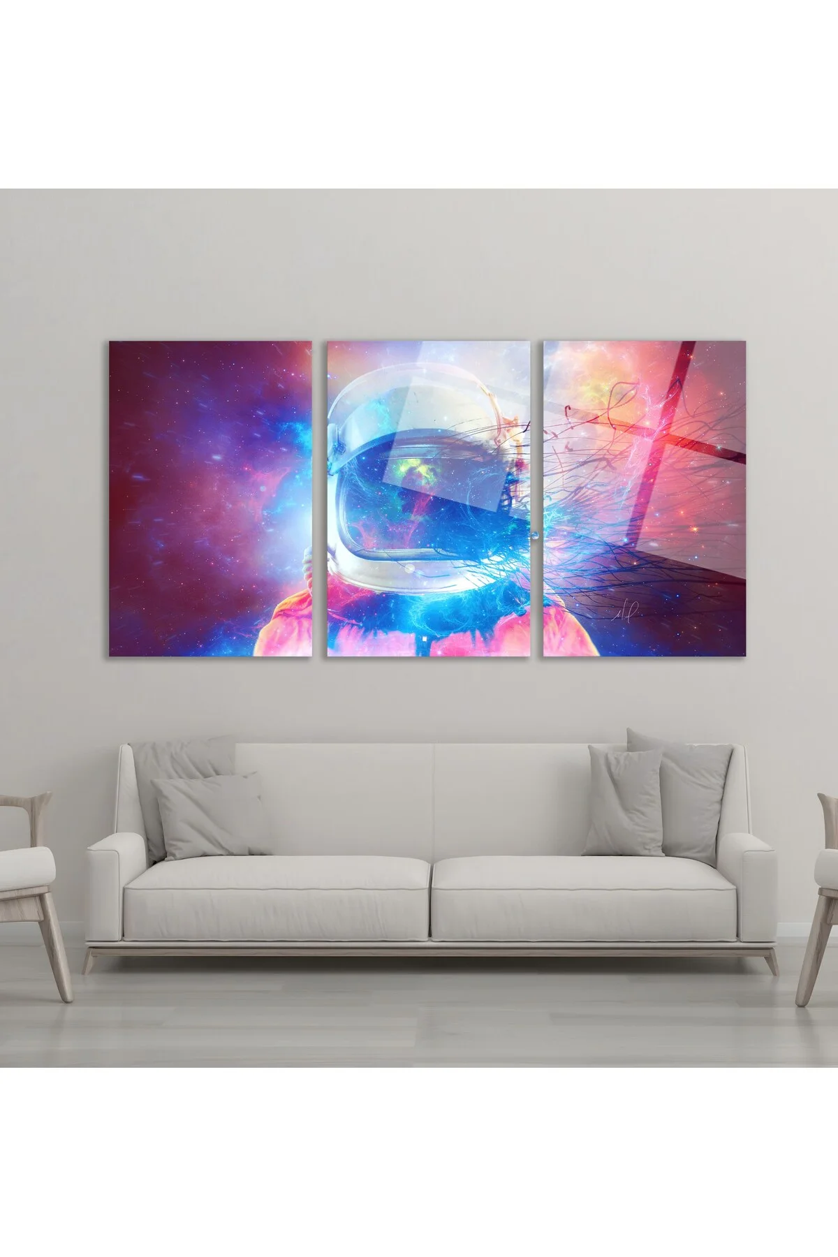3'lü Set Cam Tablo Renkli Astronot Uzay Kask Dijital Sanat Dekorasyon