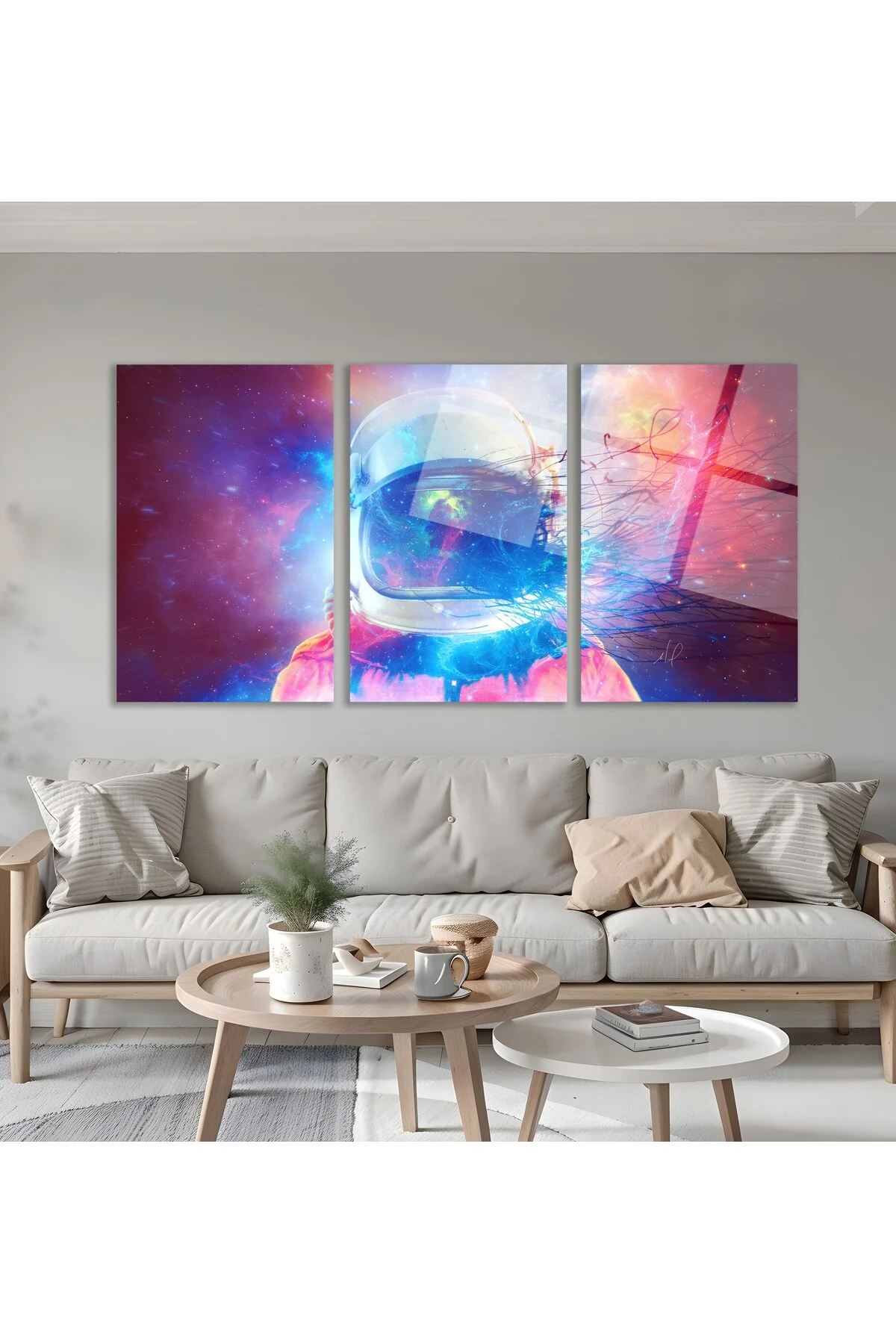 3'lü Set Cam Tablo Renkli Astronot Uzay Kask Dijital Sanat Dekorasyon - BAYÇAĞRI Görsel 5