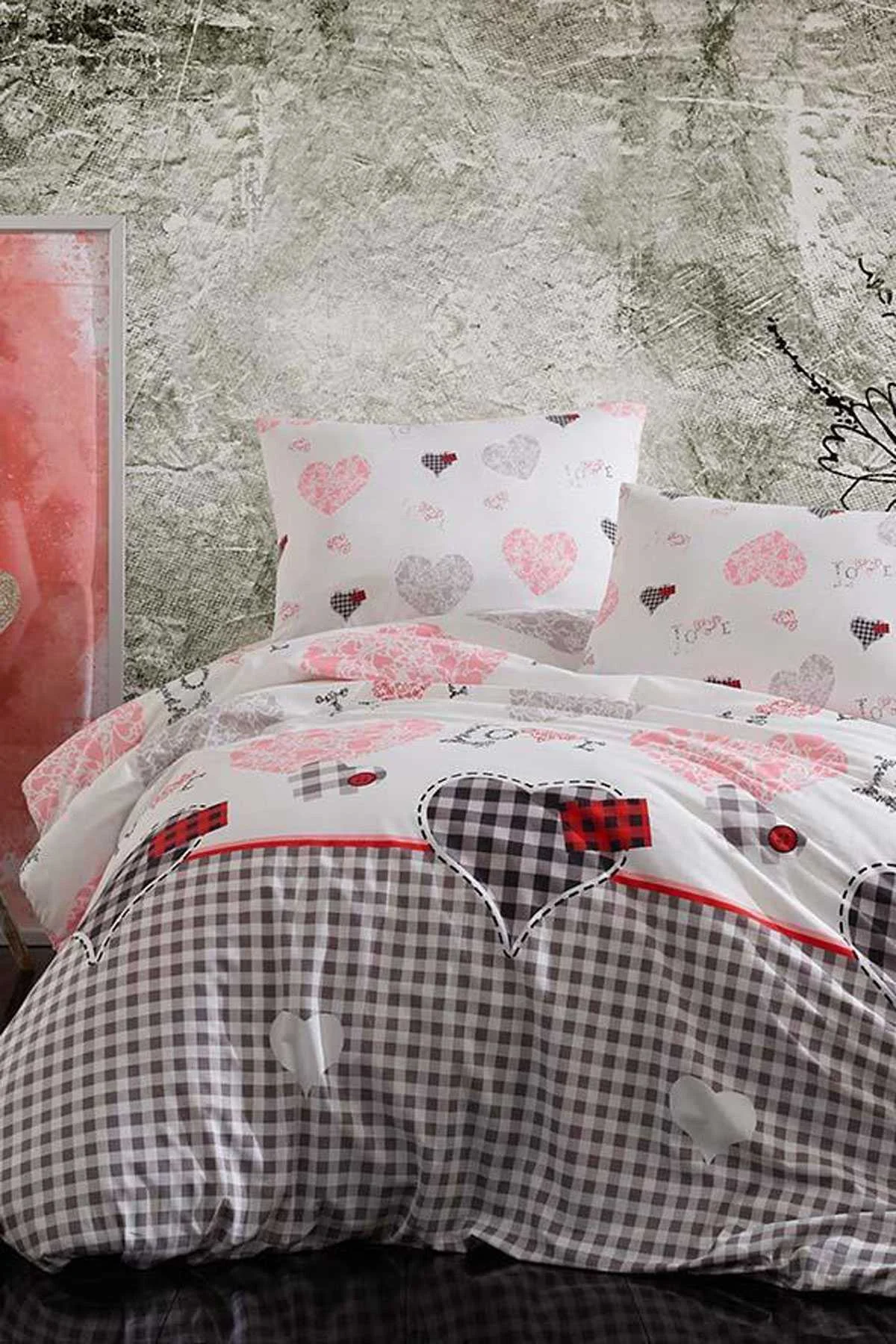 Çift Kişilik Lastikli Çarşaflı Pamuklu Nevresim Takımı Patchwork Love - Mira Home Görsel 3