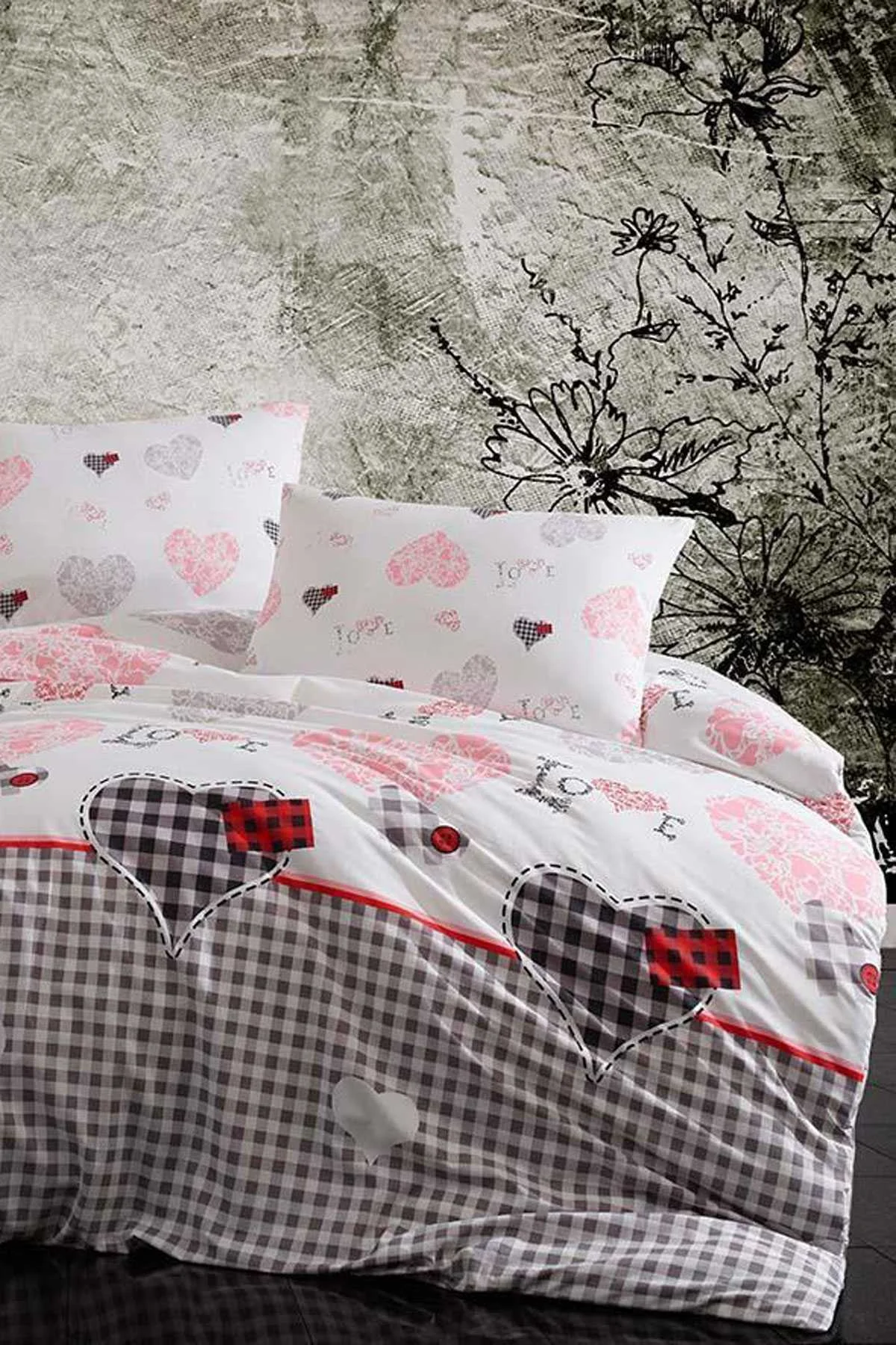 Çift Kişilik Lastikli Çarşaflı Pamuklu Nevresim Takımı Patchwork Love - Mira Home Görsel 4