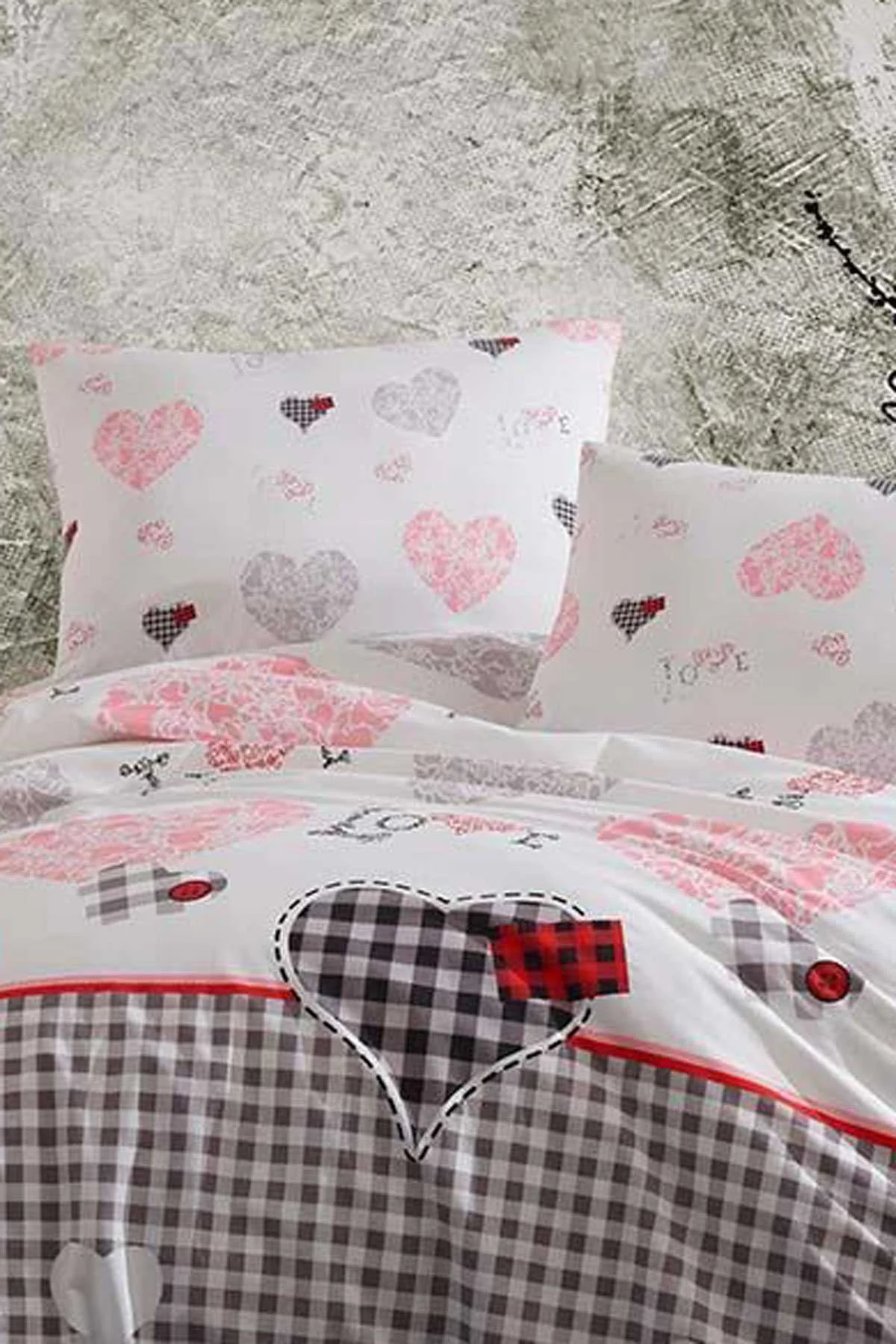 Çift Kişilik Lastikli Çarşaflı Pamuklu Nevresim Takımı Patchwork Love - Mira Home Görsel 2