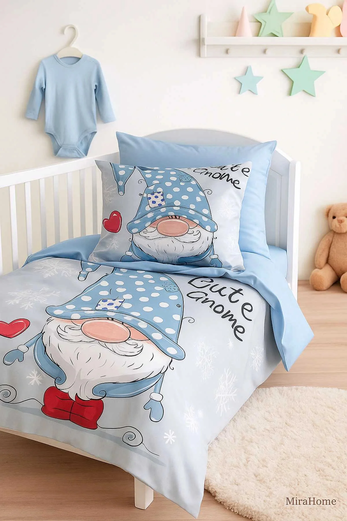 Dijital Baskılı 3d Pamuklu Yenidoğan Bebek Nevresim Takımı Cute Gnome Blue - Mira Home Görsel 3
