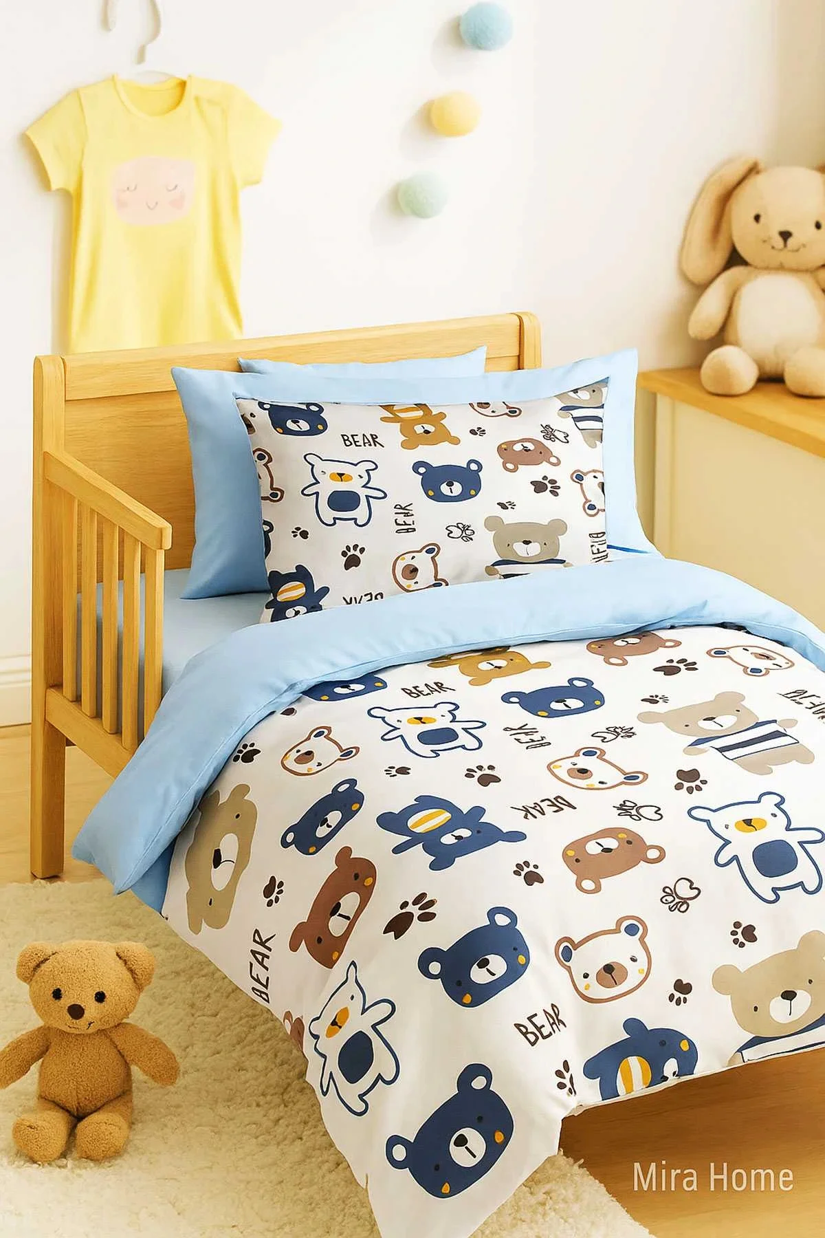 Dijital Baskılı 3d Pamuklu Yenidoğan Bebek Nevresim Takımı Bear Toy Blue - Mira Home Görsel 3