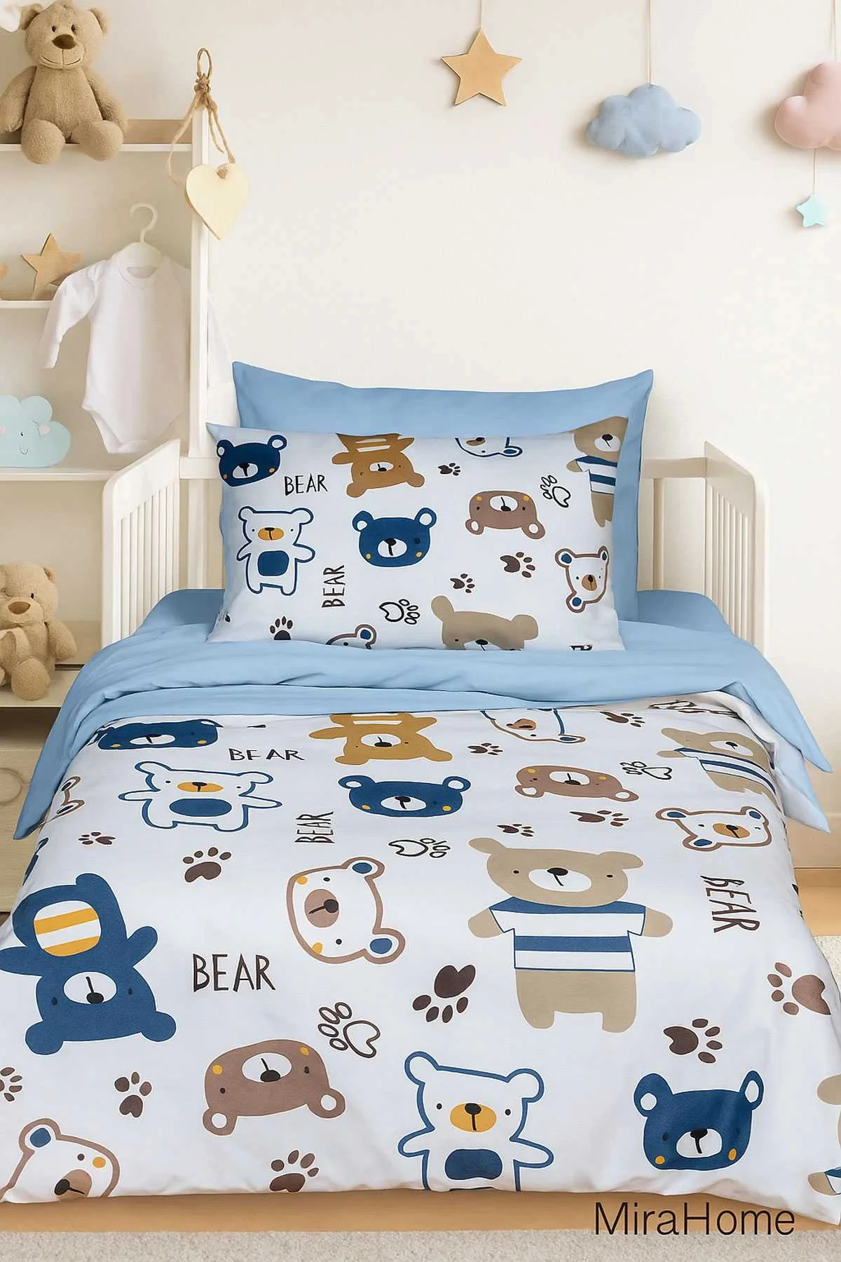 Dijital Baskılı 3d Pamuklu Yenidoğan Bebek Nevresim Takımı Bear Toy Blue - Mira Home Görsel 2