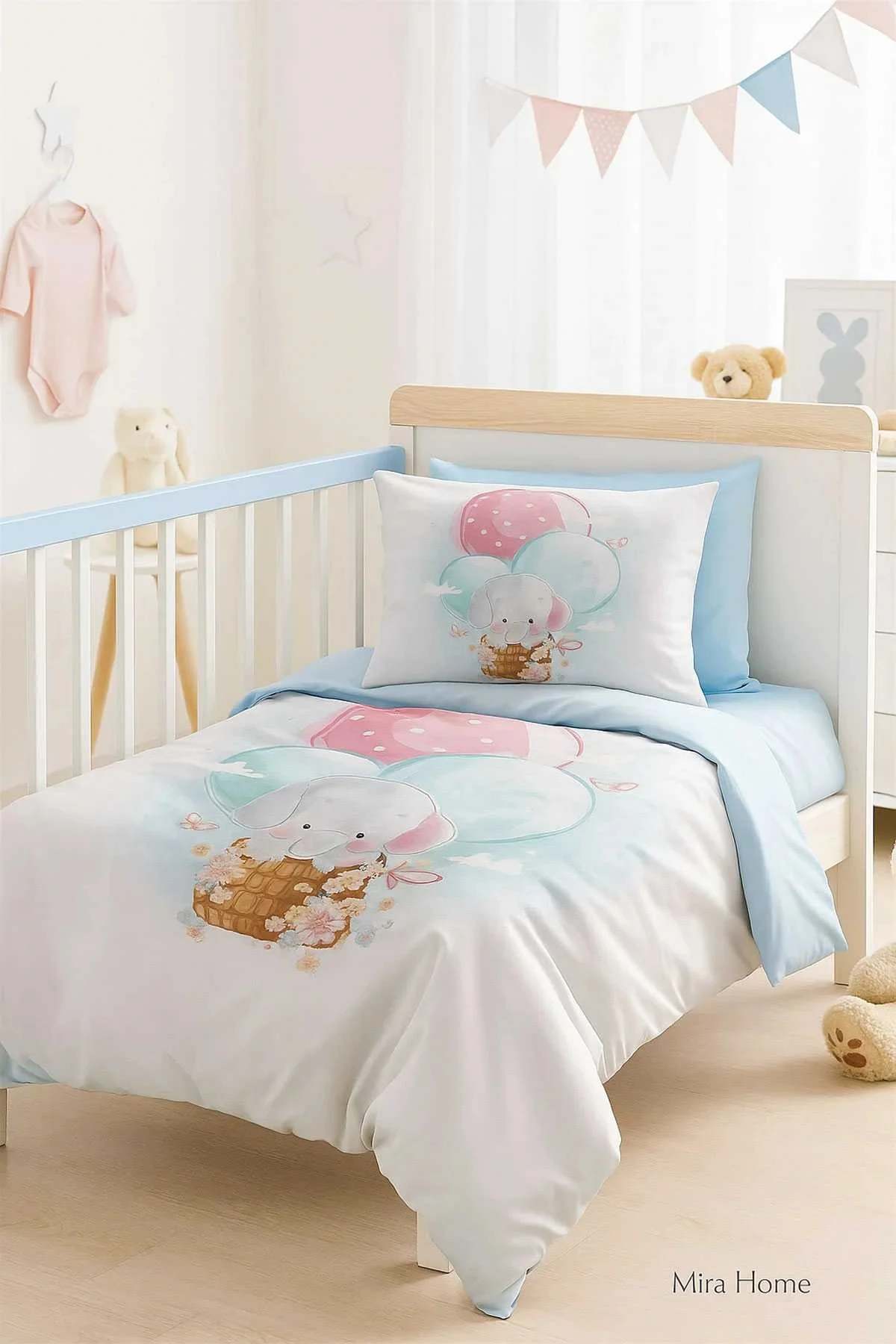 Dijital Baskılı 3d Pamuklu Yenidoğan Bebek Nevresim Takımı Elephant Baloon Blue - Mira Home Görsel 2