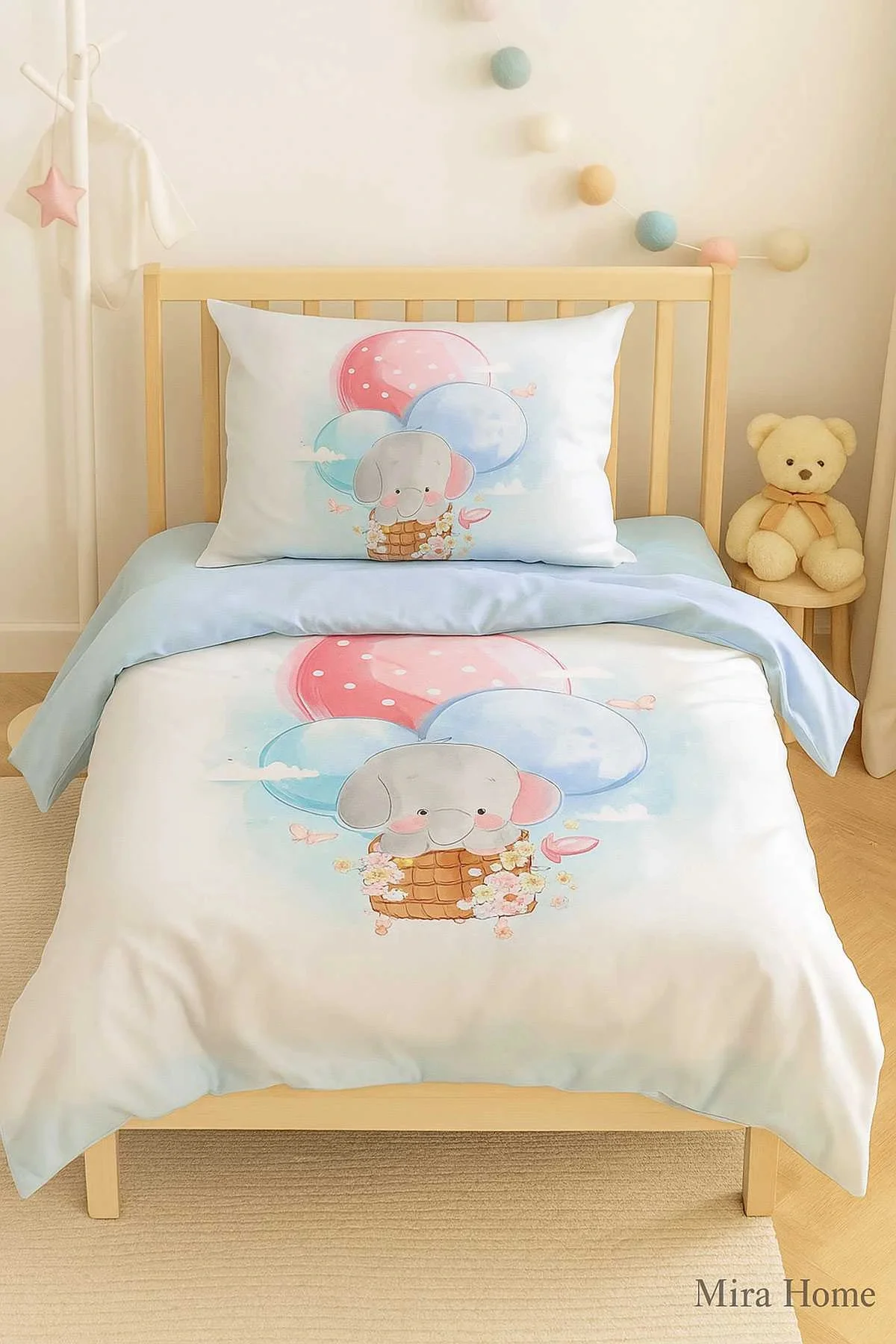 Dijital Baskılı 3d Pamuklu Yenidoğan Bebek Nevresim Takımı Elephant Baloon Blue - Mira Home Görsel 3