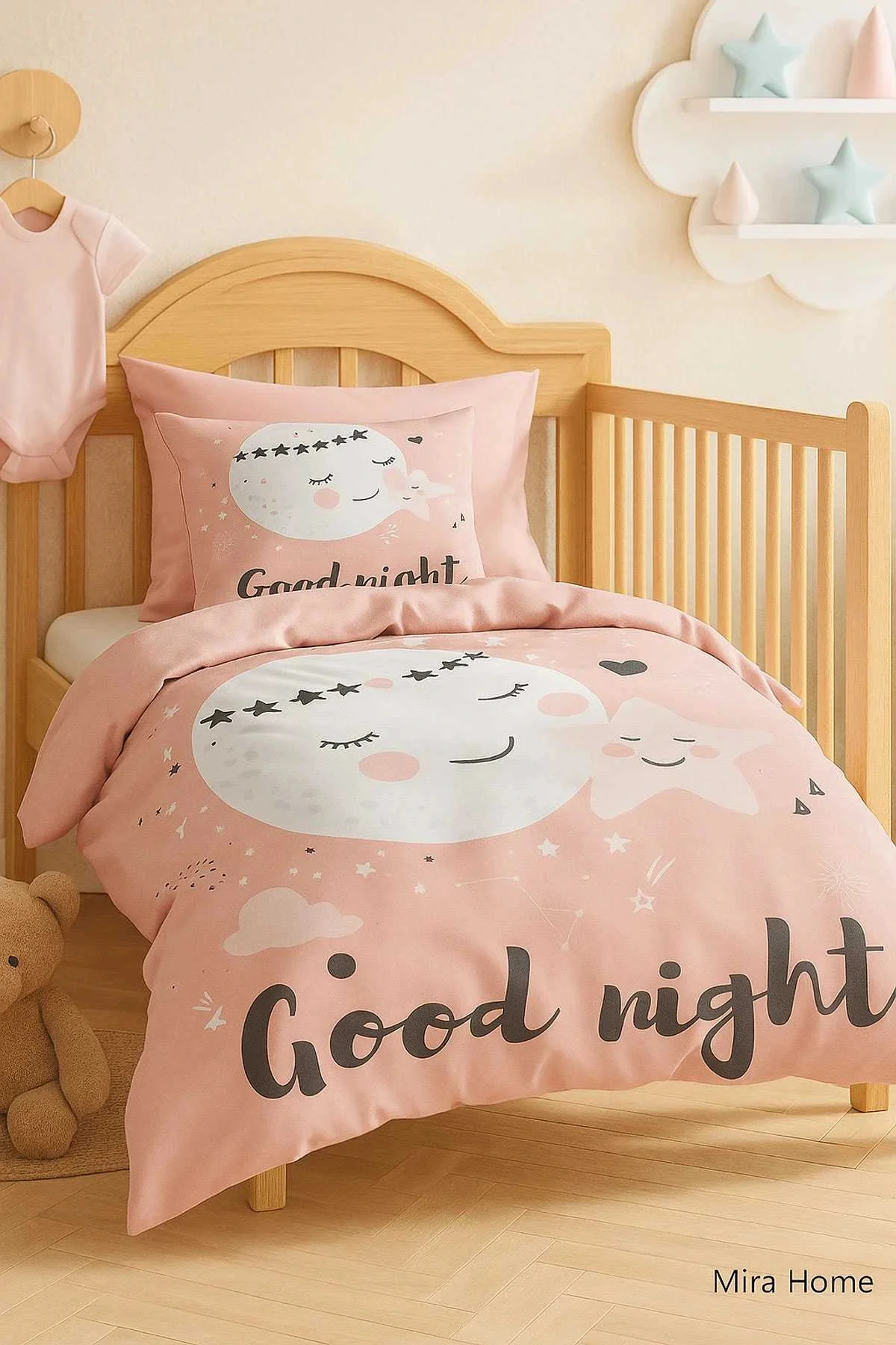 Yenidoğan Kız Bebek Nevresim Takımı %100 Pamuklu Good Night - Mira Home Görsel 2