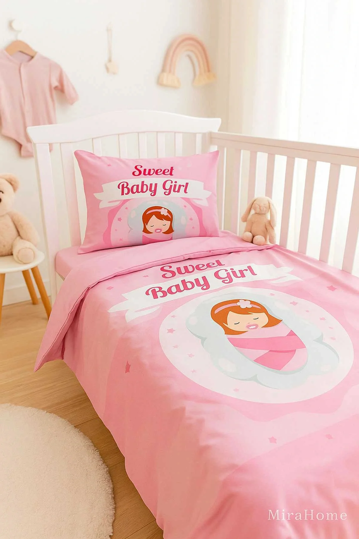 Yenidoğan Kız Bebek Nevresim Takımı %100 Pamuklu Sweet Baby Girl - Mira Home Görsel 2