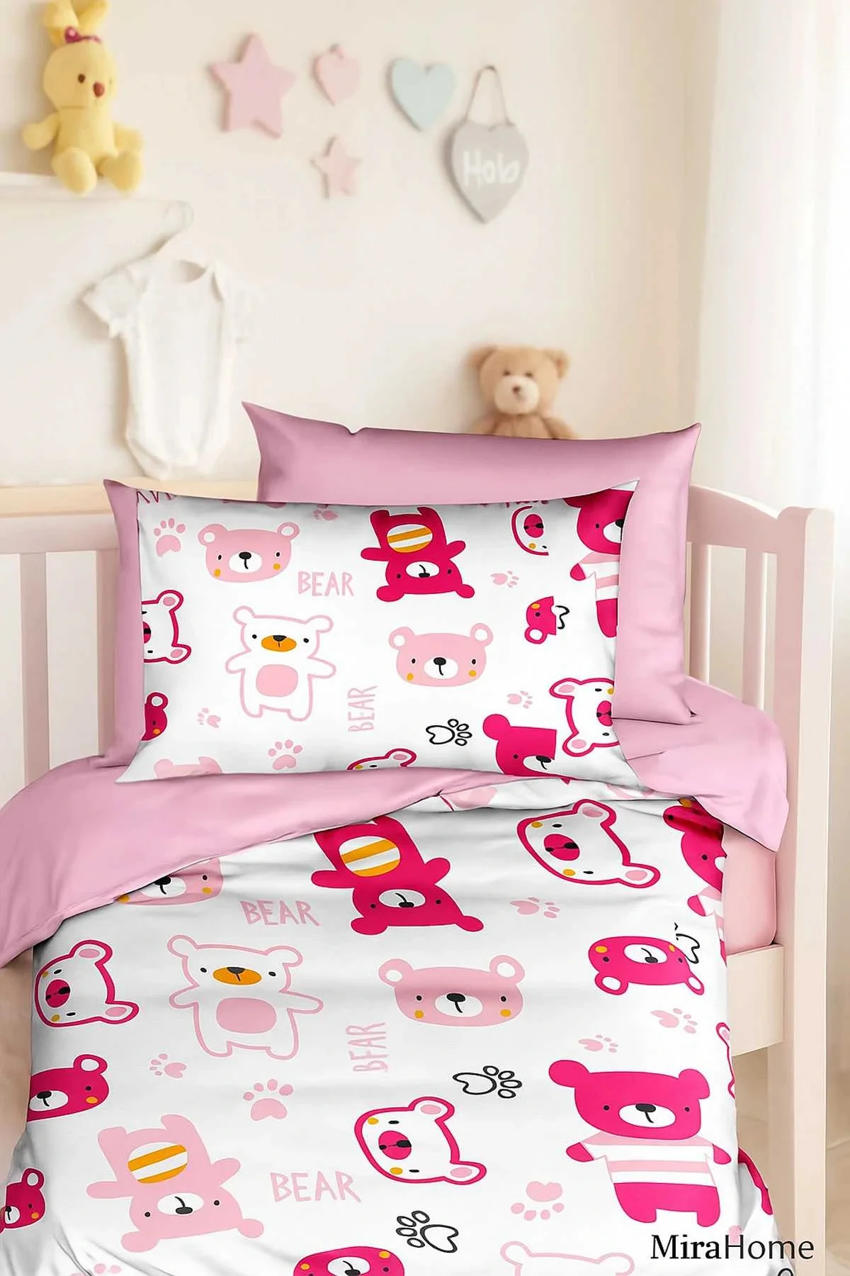 Dijital Baskılı 3d Pamuklu Yenidoğan Bebek Nevresim Takımı Bear Toy Pink - Mira Home Görsel 2