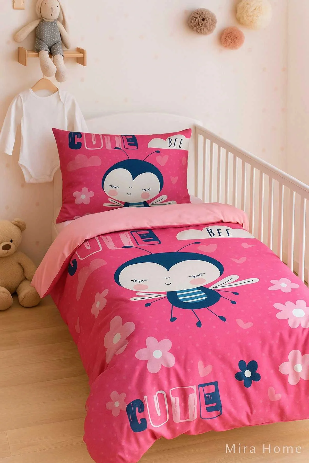 Dijital Baskılı 3d Pamuklu Yenidoğan Bebek Nevresim Takımı Cute Bee Pink - Mira Home Görsel 2