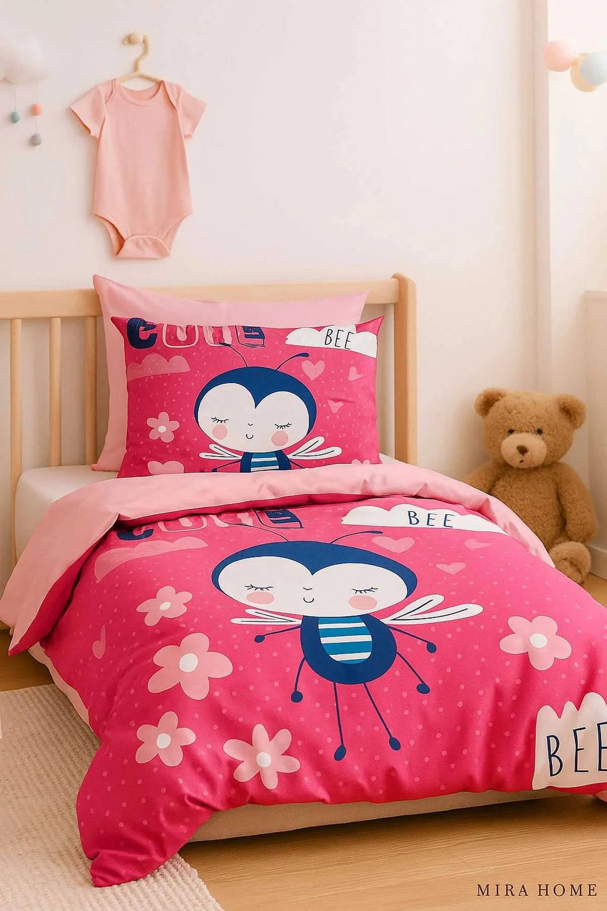 Dijital Baskılı 3d Pamuklu Yenidoğan Bebek Nevresim Takımı Cute Bee Pink - Mira Home Görsel 3