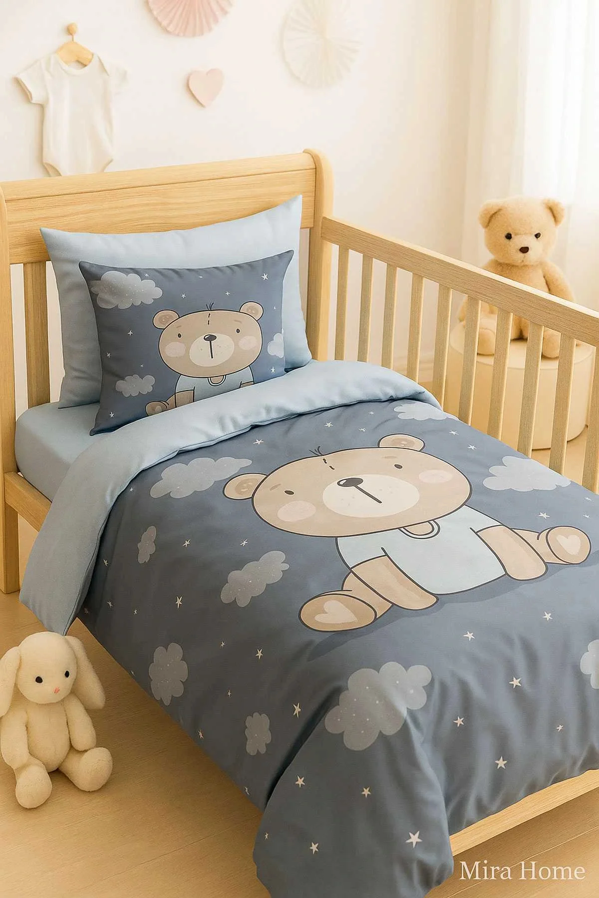Dijital Baskılı 3d Pamuklu Yenidoğan Bebek Nevresim Takımı Blue Bear - Mira Home Görsel 3