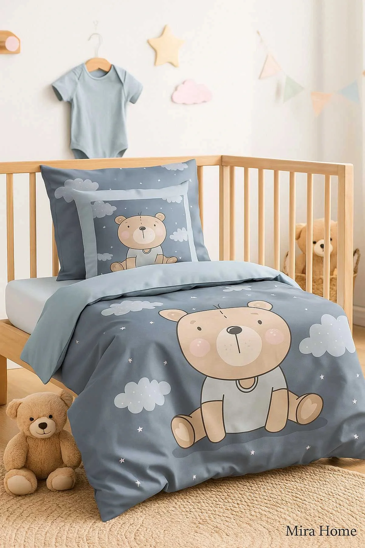 Dijital Baskılı 3d Pamuklu Yenidoğan Bebek Nevresim Takımı Blue Bear - Mira Home Görsel 2