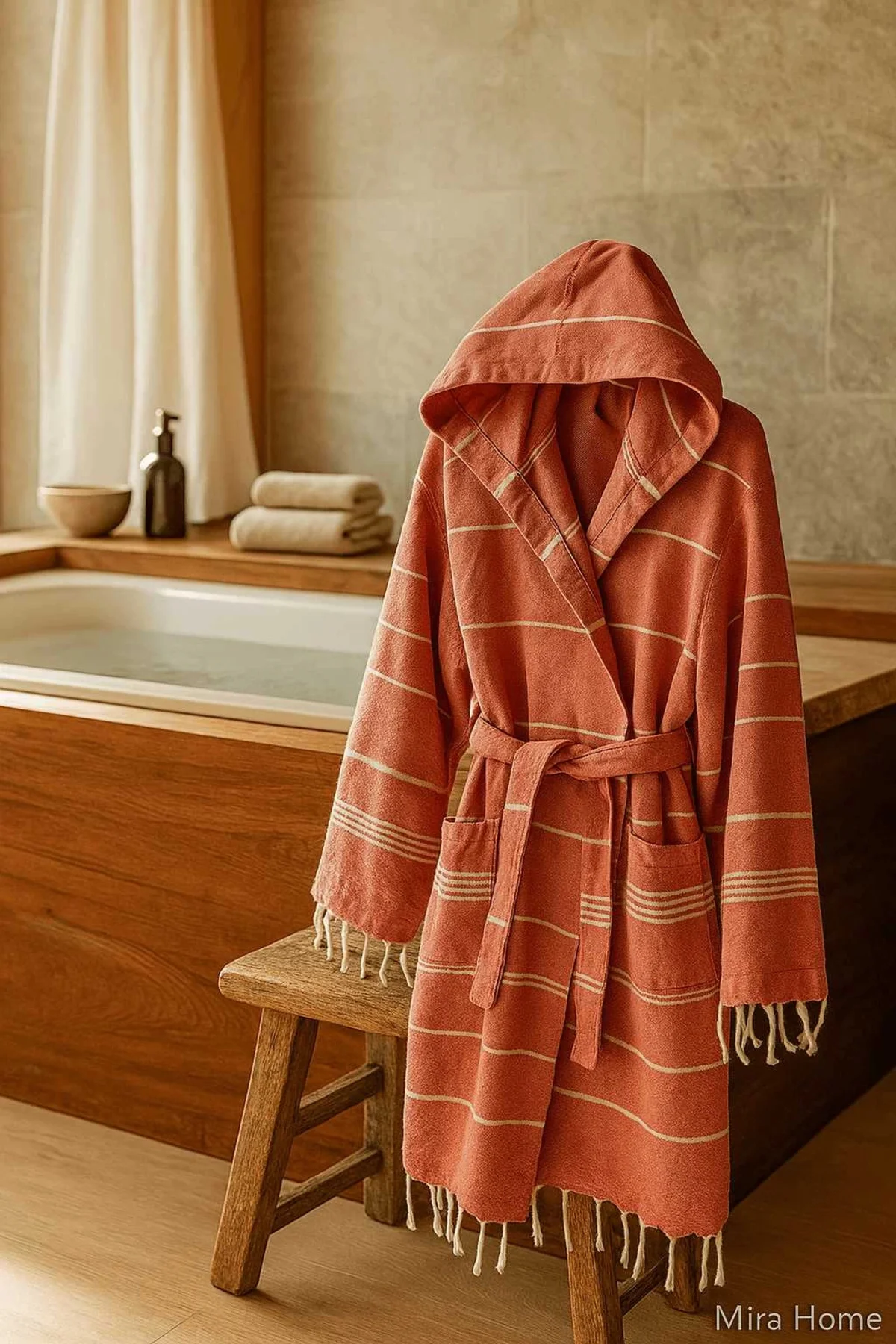 Kapşonlu Çizgili Unisex Banyo Plaj Peştemal Bornozu %100 Pamuklu Linetouch Kiremit - Mira Home Görsel 2