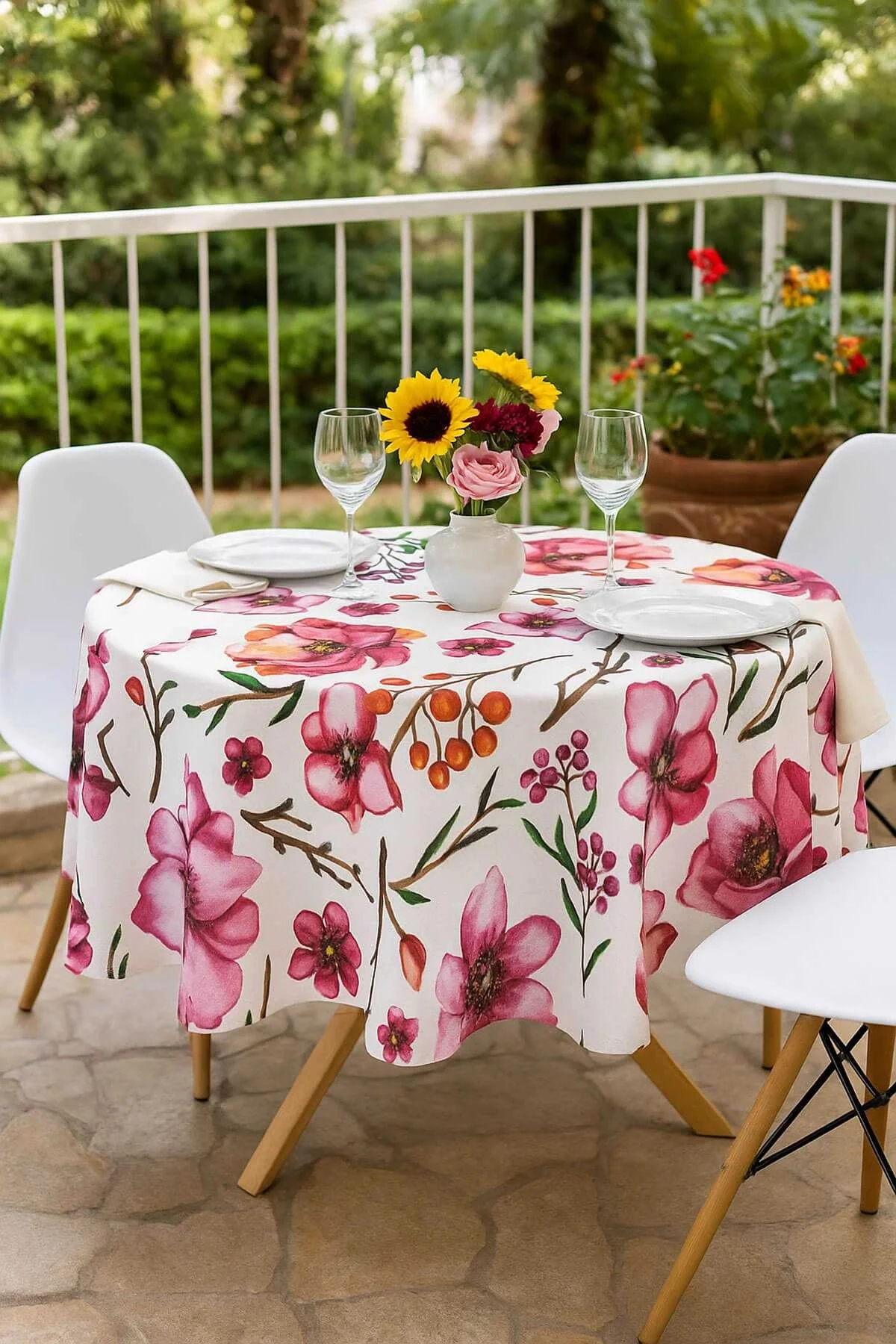 Yuvarlak Çiçek Desenli Duck Kumaş Masa Örtüsü 150x150 Cm - Mira Home Görsel 2