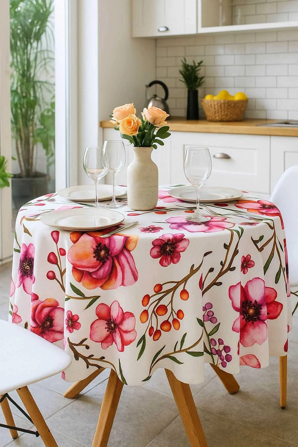 Yuvarlak Çiçek Desenli Duck Kumaş Masa Örtüsü 150x150 Cm - Mira Home Görsel 3
