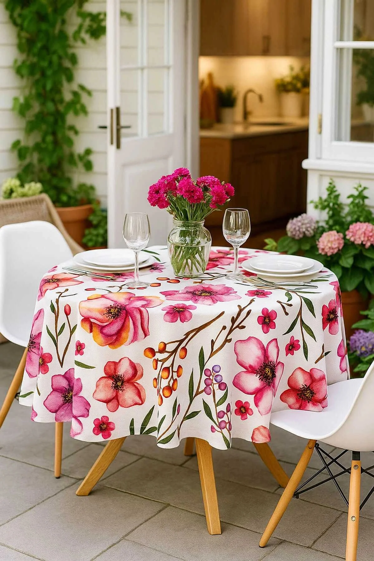 Yuvarlak Çiçek Desenli Duck Kumaş Masa Örtüsü 150x150 Cm - Mira Home Görsel 4