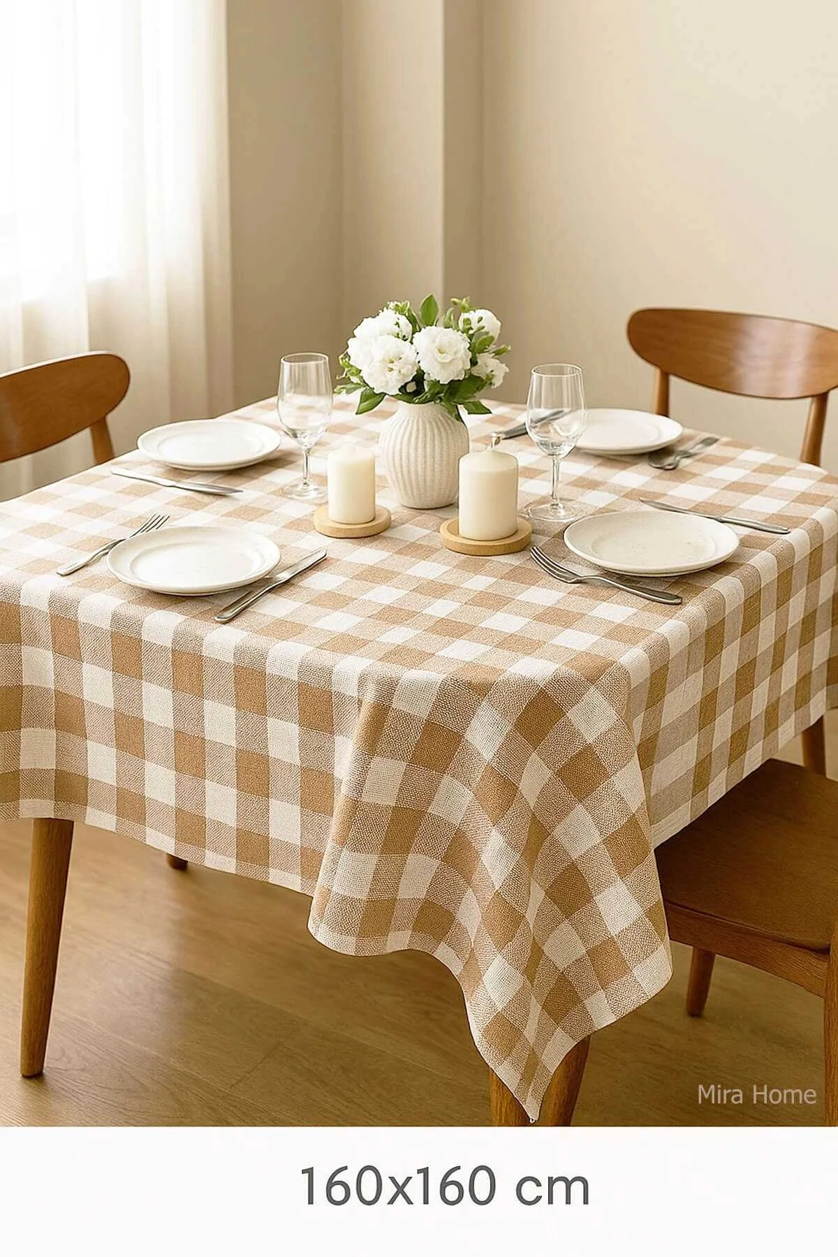 Fiber Kareli Masa Örtüsü Sofra Bezi Ekose Desen 160x160 Cm Bej - Mira Home Görsel 2