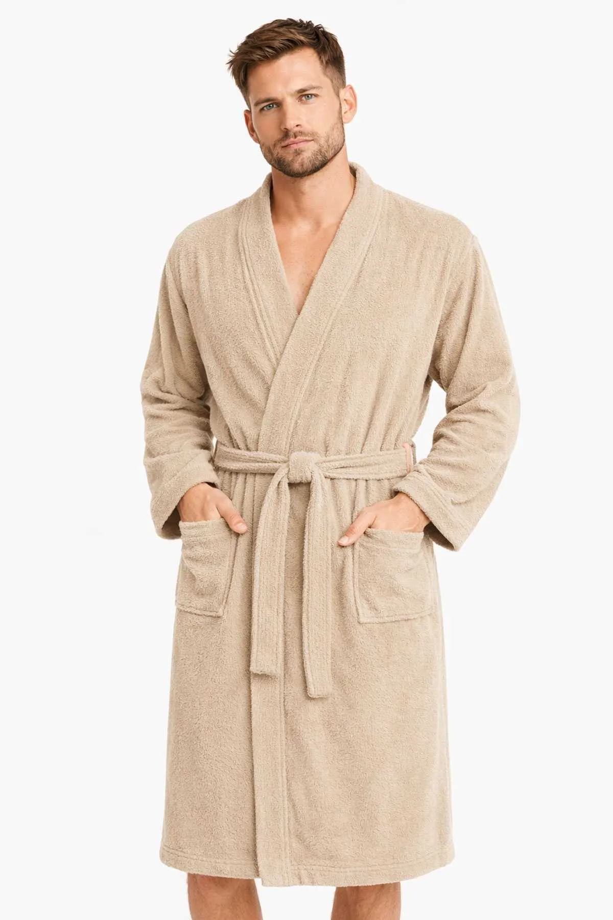 Kimono Yaka Unisex Pamuklu Tek Kişilik Bornoz Bej - Mira Home Görsel 2