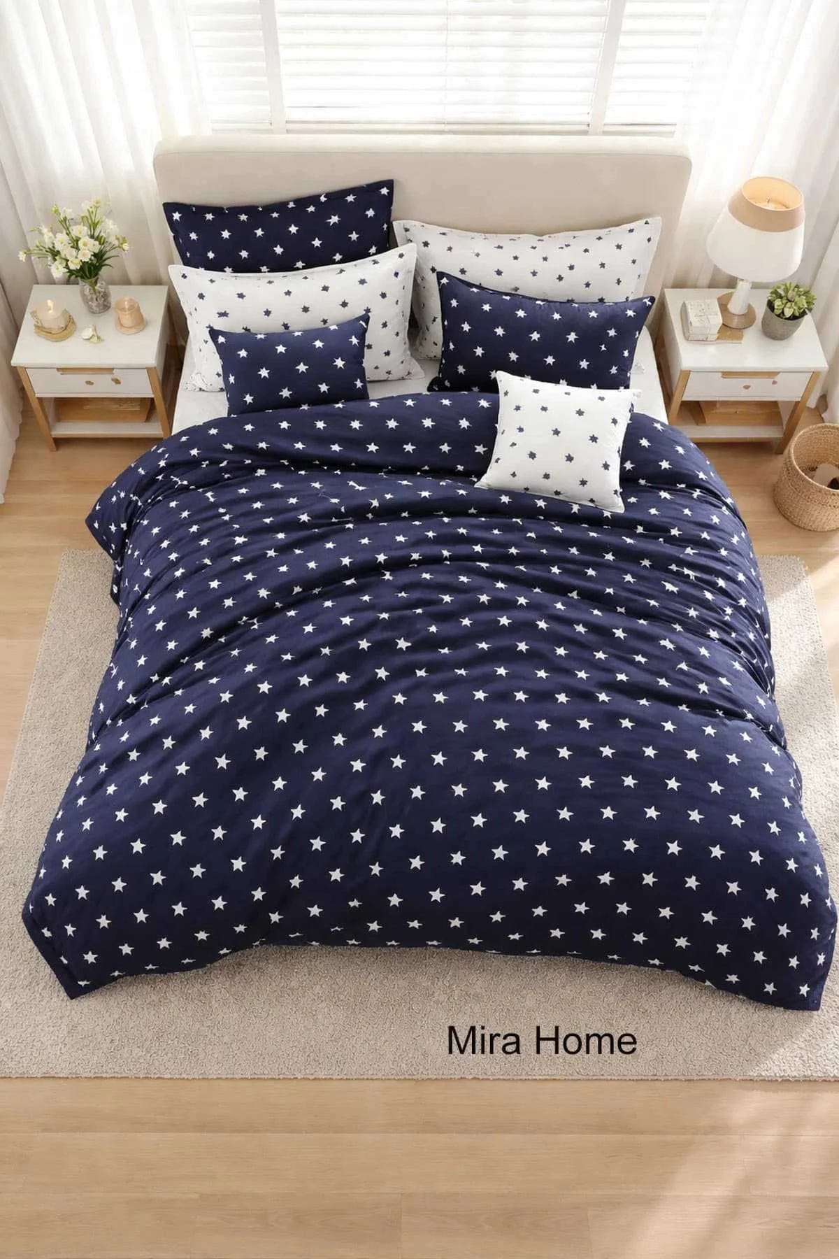 Çift Kişilik Yıldız Desenli Nevresim Takımı Pamuklu Lacivert/Beyaz - Mira Home Görsel 2
