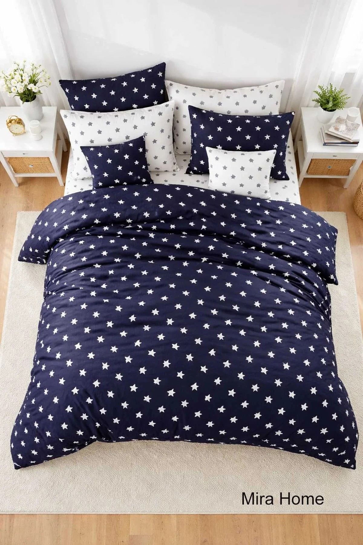 Çift Kişilik Yıldız Desenli Nevresim Takımı Pamuklu Lacivert/Beyaz - Mira Home Görsel 3