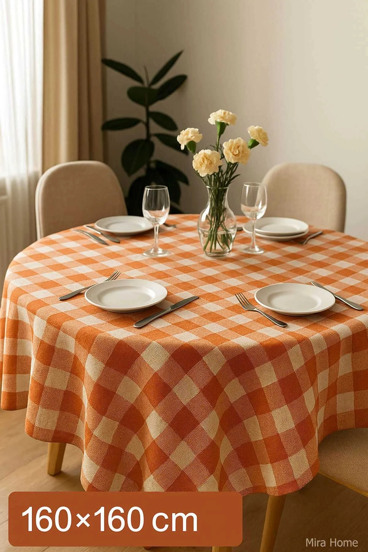 Fiber Kareli Masa Örtüsü Sofra Bezi Ekose Desen 160x160 Cm Turuncu - Mira Home Görsel 2