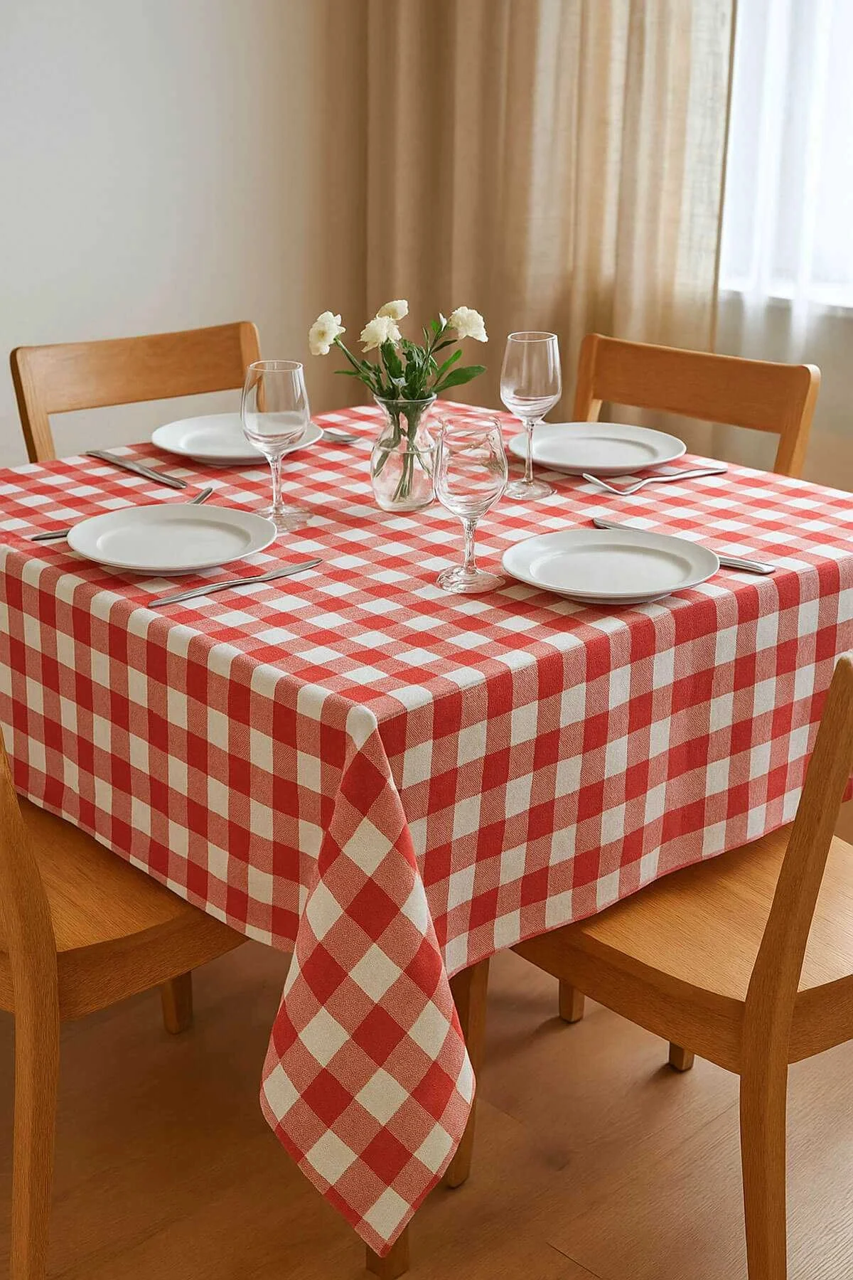 Fiber Kareli Masa Örtüsü Sofra Bezi Ekose Desen 160x160 Cm Kırmızı - Mira Home Görsel 2