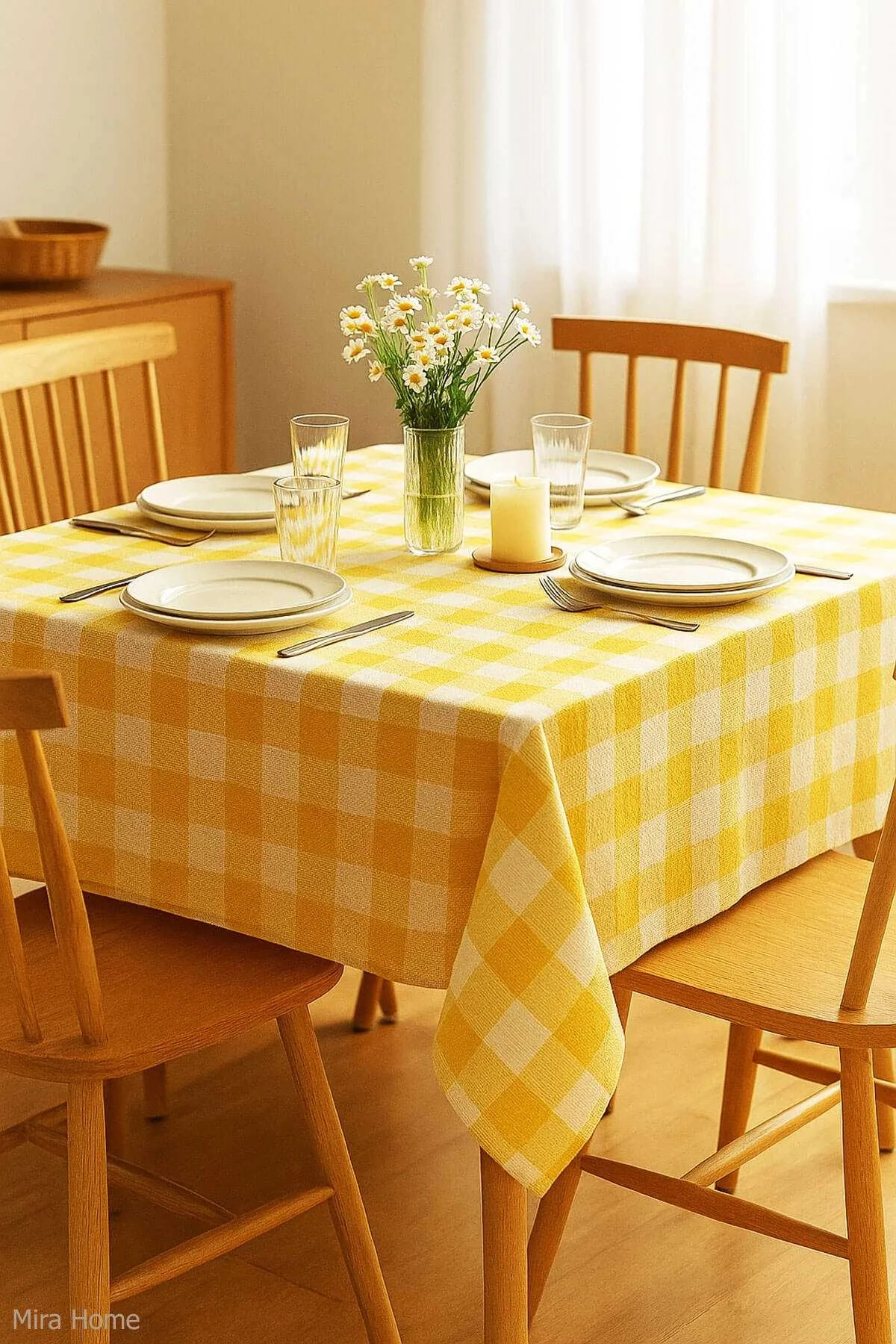Fiber Kareli Masa Örtüsü Sofra Bezi Ekose Desen 160x160 Cm Sarı - Mira Home Görsel 2