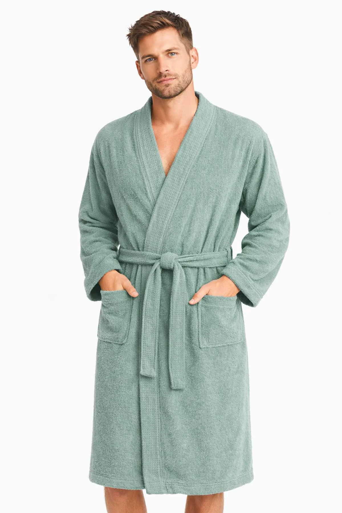 Kimono Yaka Unisex Pamuklu Tek Kişilik Bornoz Yeşil - Mira Home Görsel 2