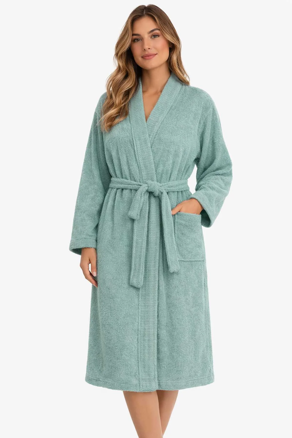 Kimono Yaka Unisex Pamuklu Tek Kişilik Bornoz Yeşil