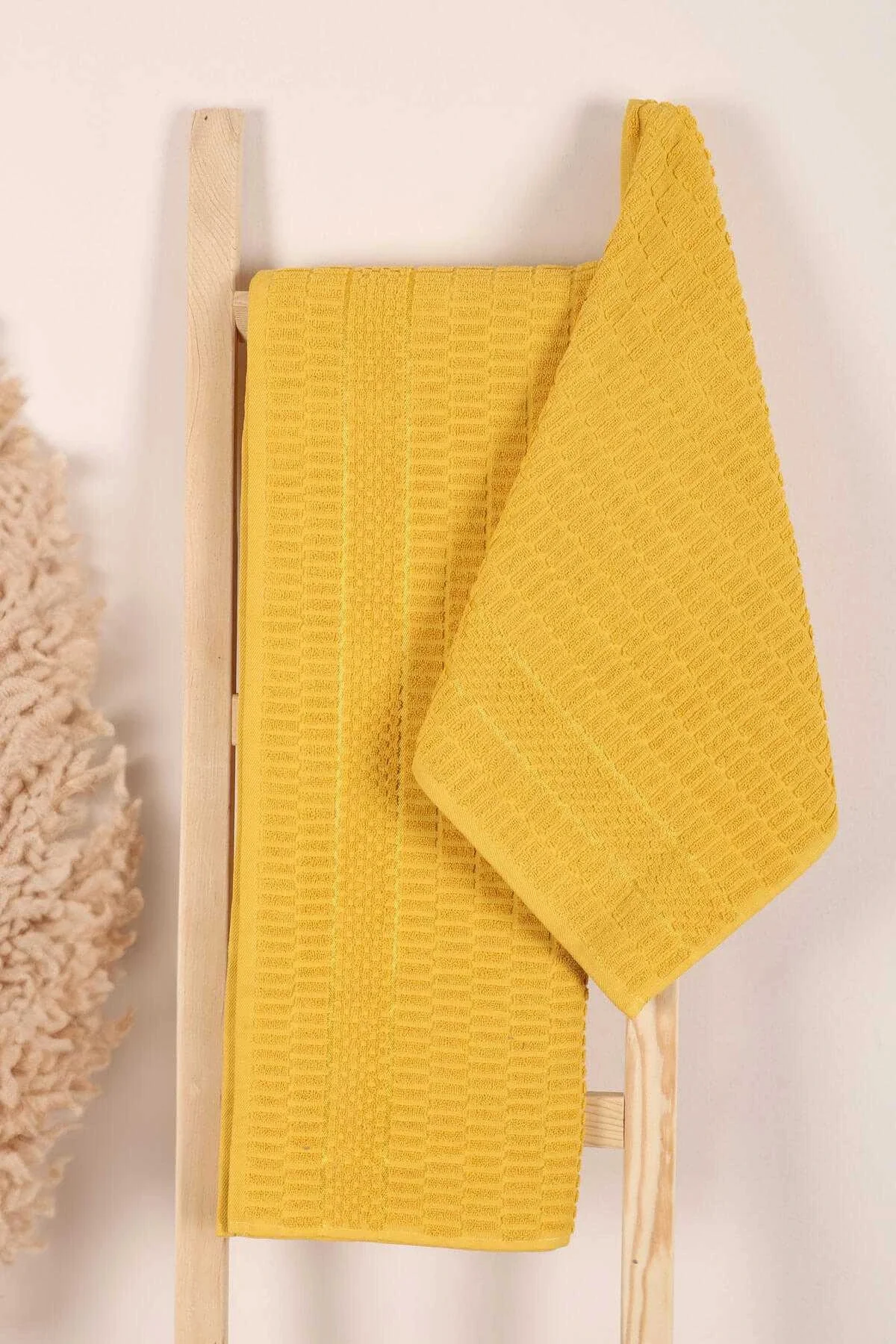 2 Parça Banyo Havlu Takımı %100 Pamuklu Çubuk Desen Sarı - Mira Home Görsel 3