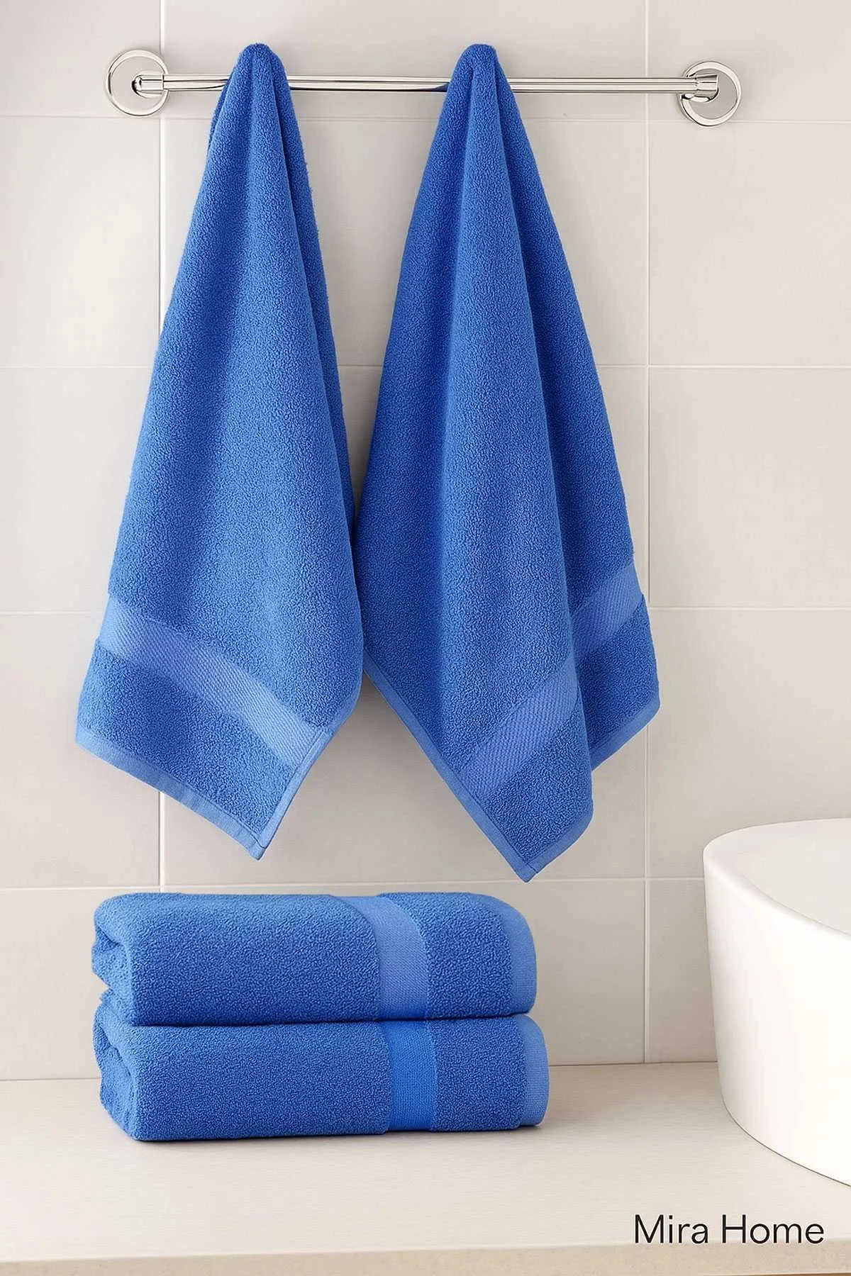 4 Parça Ekonomik Banyo Havlu Takımı %100 Pamuklu Quickdry Mavi Mavi - Mira Home Görsel 2