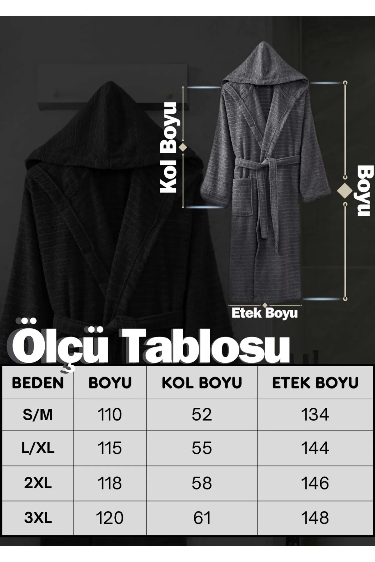 Kapüşonlu Unisex Banyo Bornozu %100 Soft Pamuklu - Antrasit - Mira Home Görsel 3