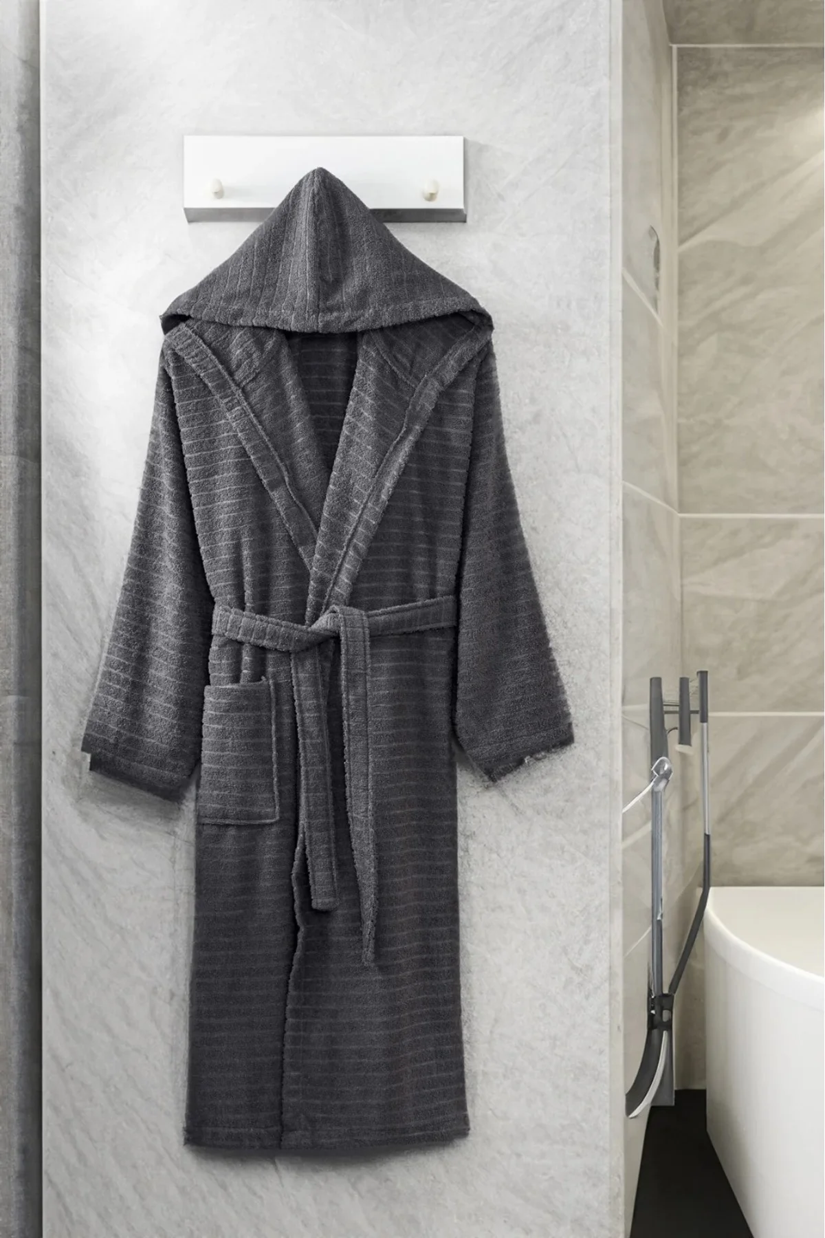 Kapüşonlu Unisex Banyo Bornozu %100 Soft Pamuklu - Antrasit - Mira Home Görsel 2