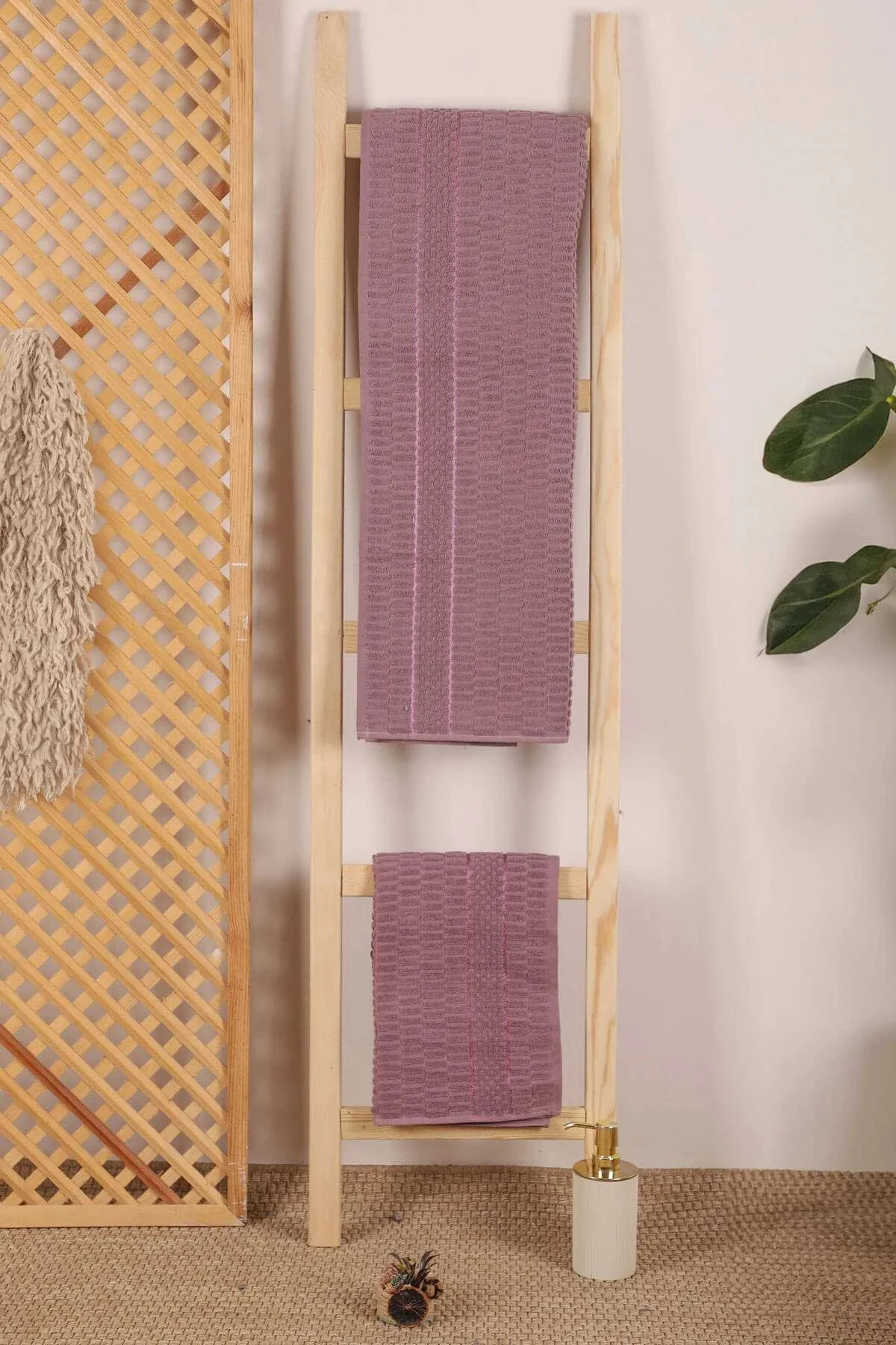 2 Parça Banyo Havlu Takımı %100 Pamuklu Çubuk Desen Mor - Mira Home Görsel 2