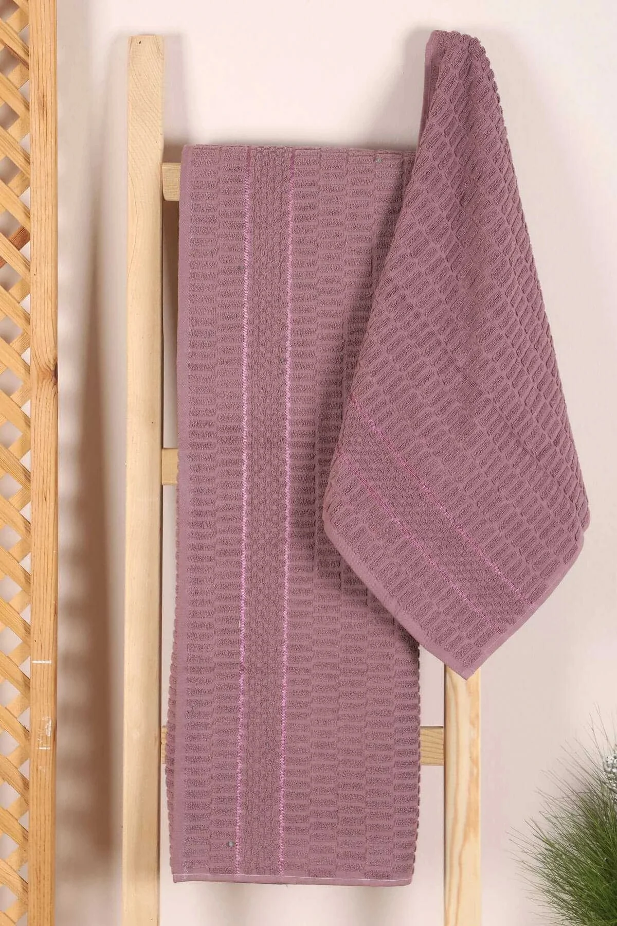 2 Parça Banyo Havlu Takımı %100 Pamuklu Çubuk Desen Mor - Mira Home Görsel 3