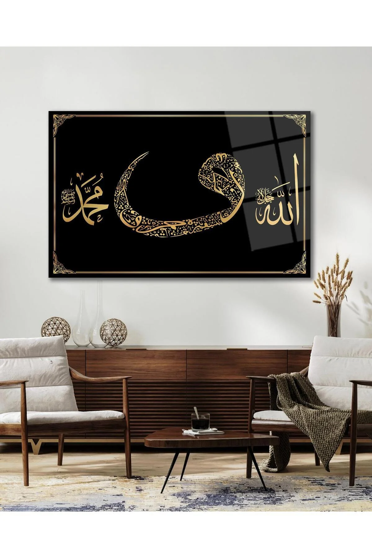 Vav , Allah ve Hz. Muhammed Cam Tablo Dini İslami Modern Ev Ofis Salon Hediyelik Tablo - BYCAGRİ Görsel 6