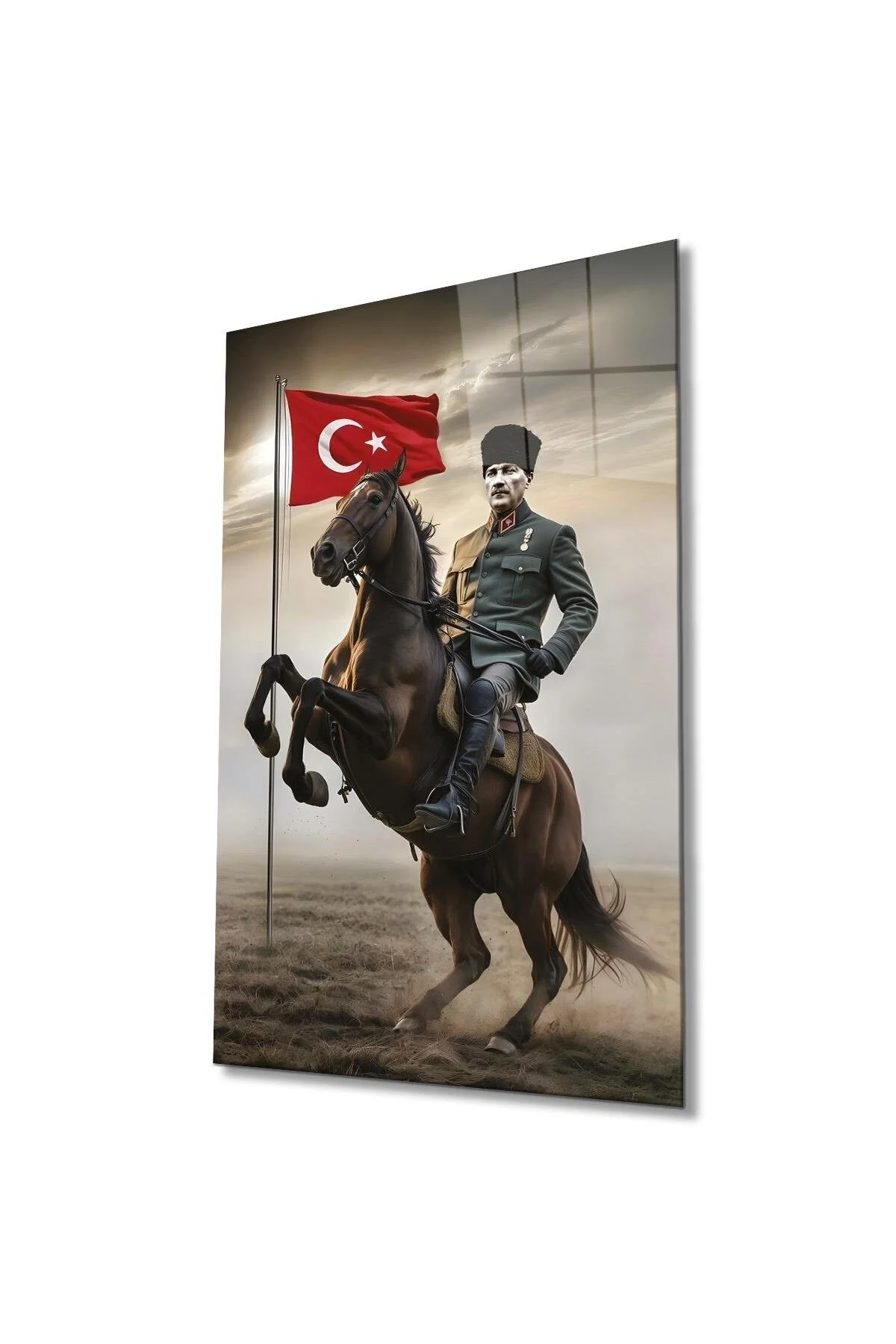 Atatürk Portre ve Türk Bayrağı Cam Tablo Modern Ev Ofis Salon Hediyelik Büyük Tablo Duvar Dekoru