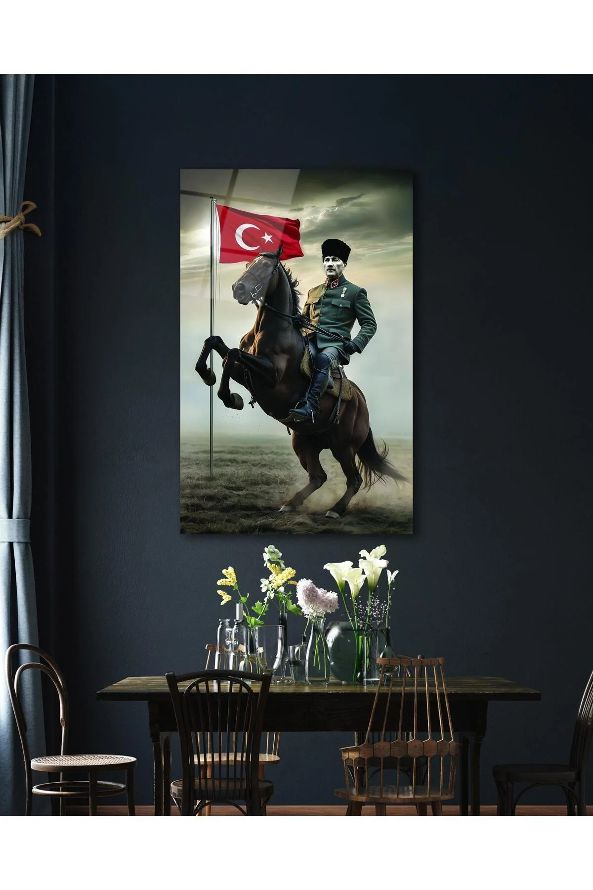 Atatürk Portre ve Türk Bayrağı Cam Tablo Modern Ev Ofis Salon Hediyelik Büyük Tablo Duvar Dekoru - BYCAGRİ Görsel 4