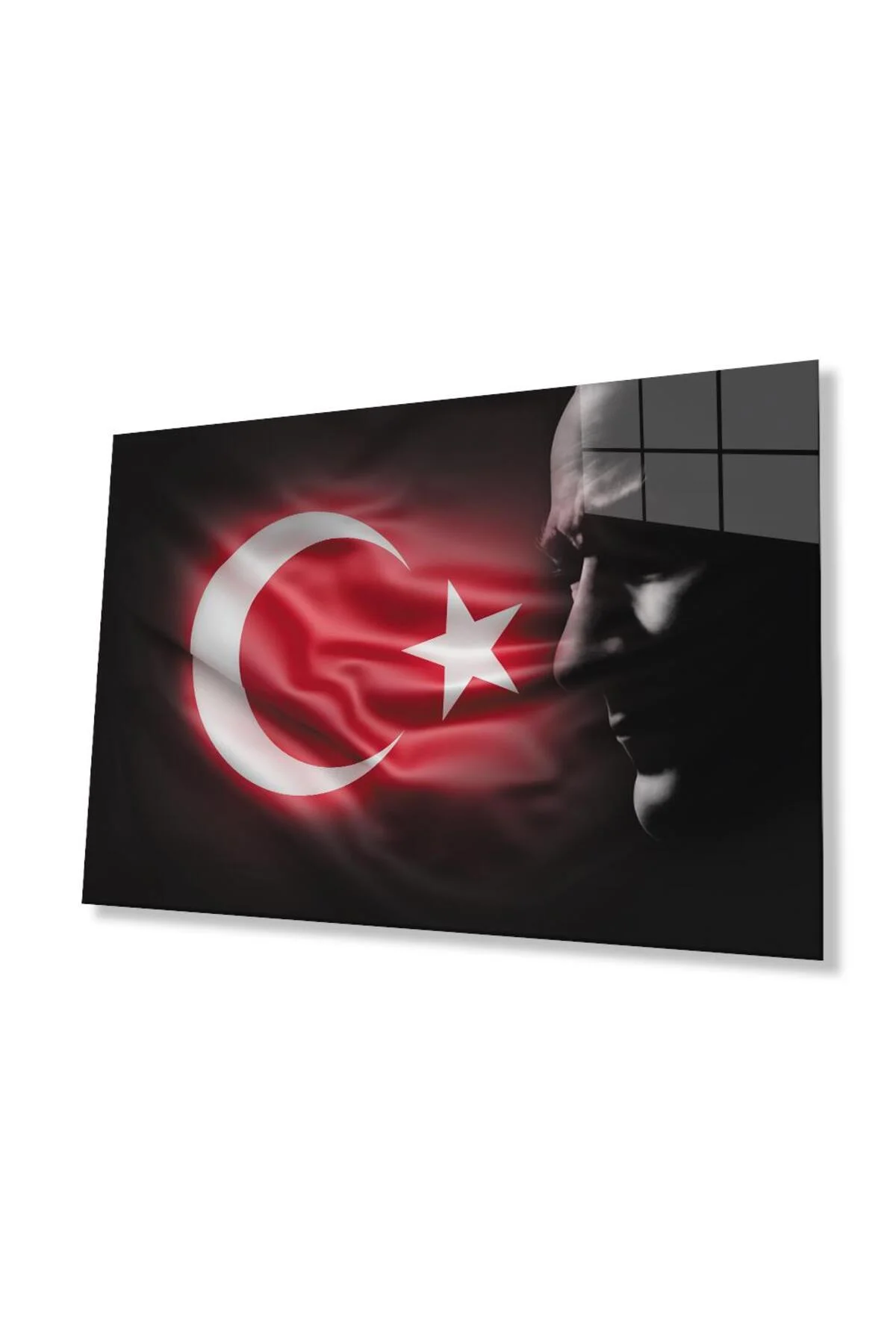 Atatürk Bayrak Atatürk Silüetli Gölgesiz Siyah Fonlu Cam Tablo 4mm Dayanıklı Temperli Cam Atatürk
