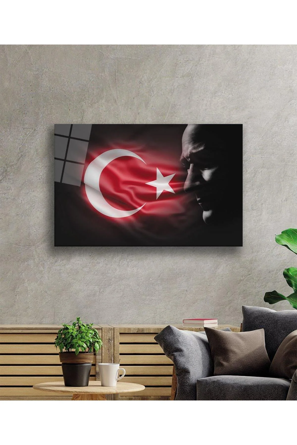 Atatürk Bayrak Atatürk Silüetli Gölgesiz Siyah Fonlu Cam Tablo 4mm Dayanıklı Temperli Cam Atatürk - BYCAGRİ Görsel 2