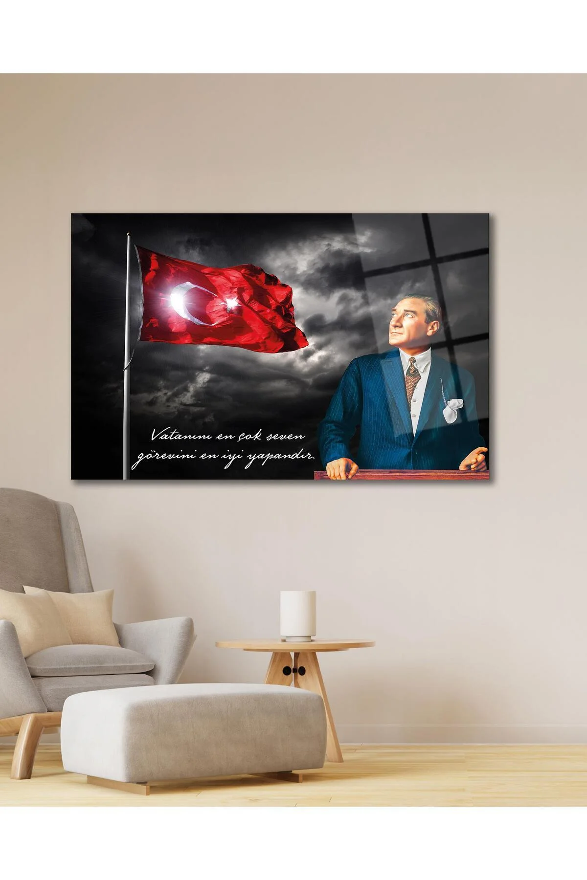 Türk Bayrağı ve Atatürk Cam Tablo Vatanını En Çok Seven Modern Ev Ofis Salon Kurum Hediyelik Tablo - BYCAGRİ Görsel 5