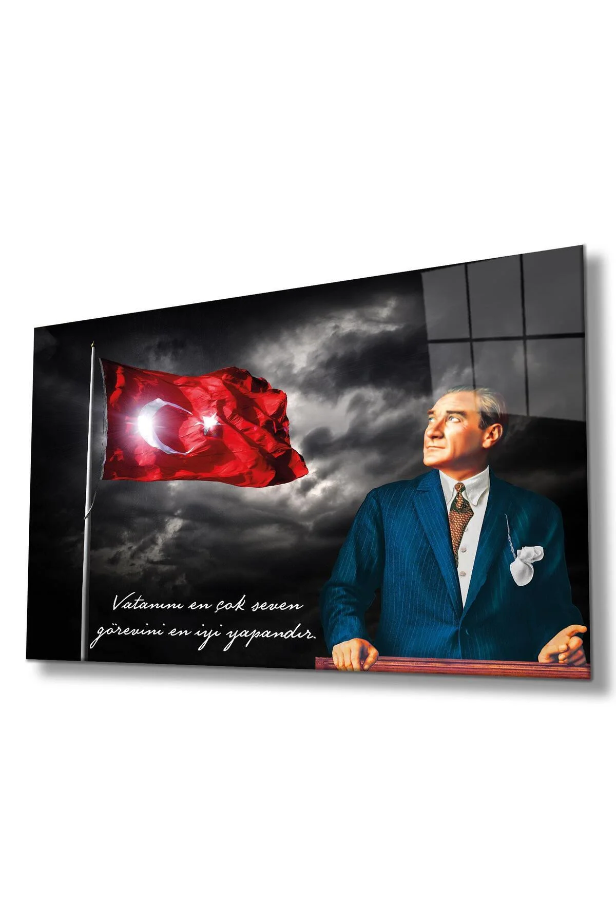Türk Bayrağı ve Atatürk Cam Tablo Vatanını En Çok Seven Modern Ev Ofis Salon Kurum Hediyelik Tablo - BYCAGRİ Görsel 2