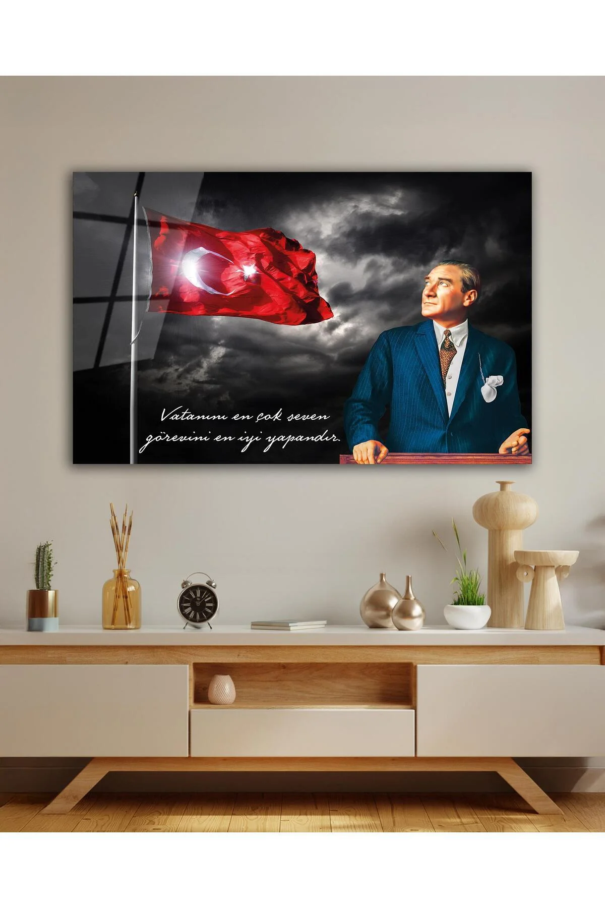 Türk Bayrağı ve Atatürk Cam Tablo Vatanını En Çok Seven Modern Ev Ofis Salon Kurum Hediyelik Tablo - BYCAGRİ Görsel 3