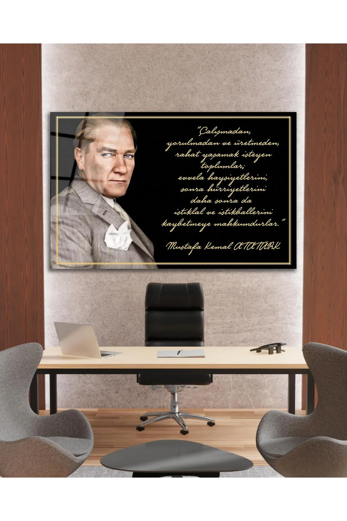 Atatürk Cam Tablo "Çalışmadan, yorulmadan ve üretmeden" Modern Ev Ofis Salon Kurum Hediyelik Tablo - dekorcumshop Görsel 8